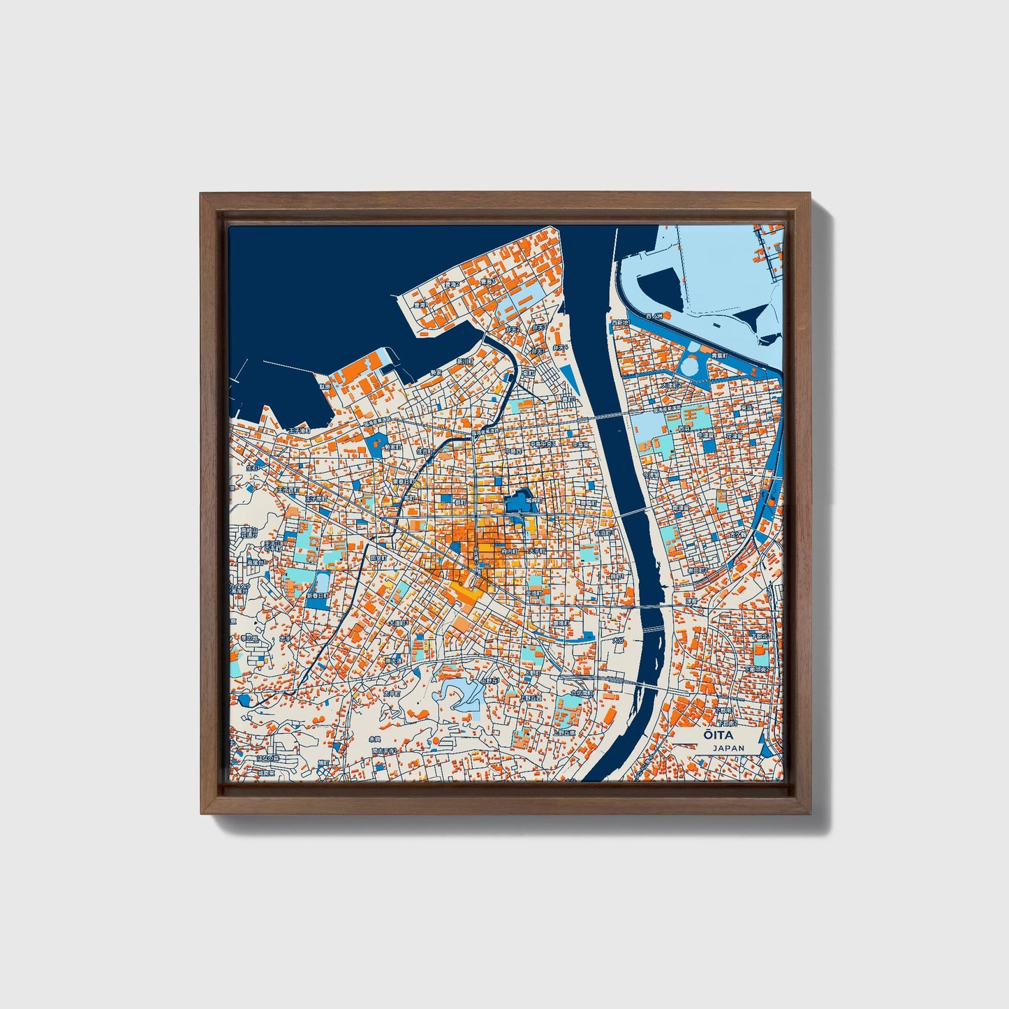 Ōita Japan Colorful City Map Canvas Print • Dark Wooden Framed