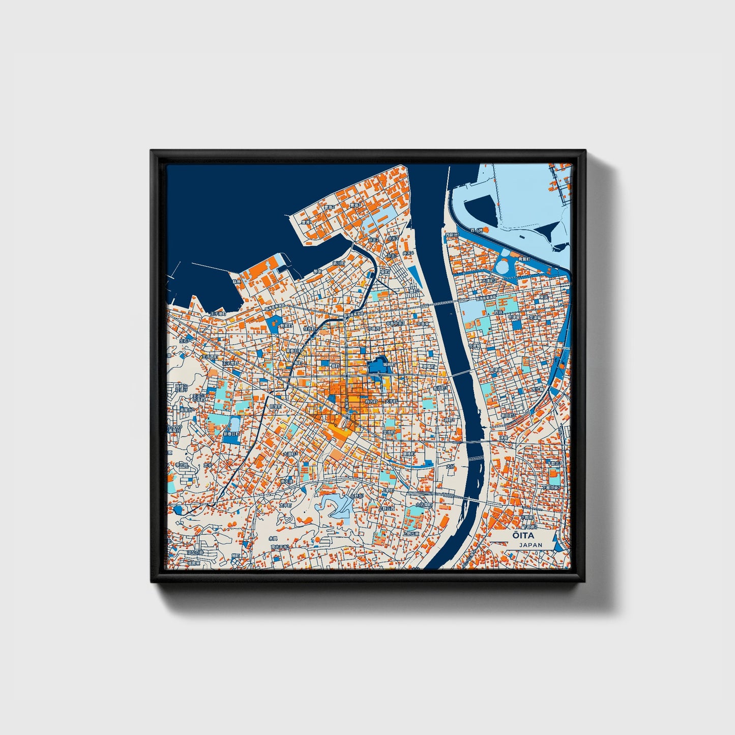 Ōita Japan Colorful City Map Canvas Print • Black Framed