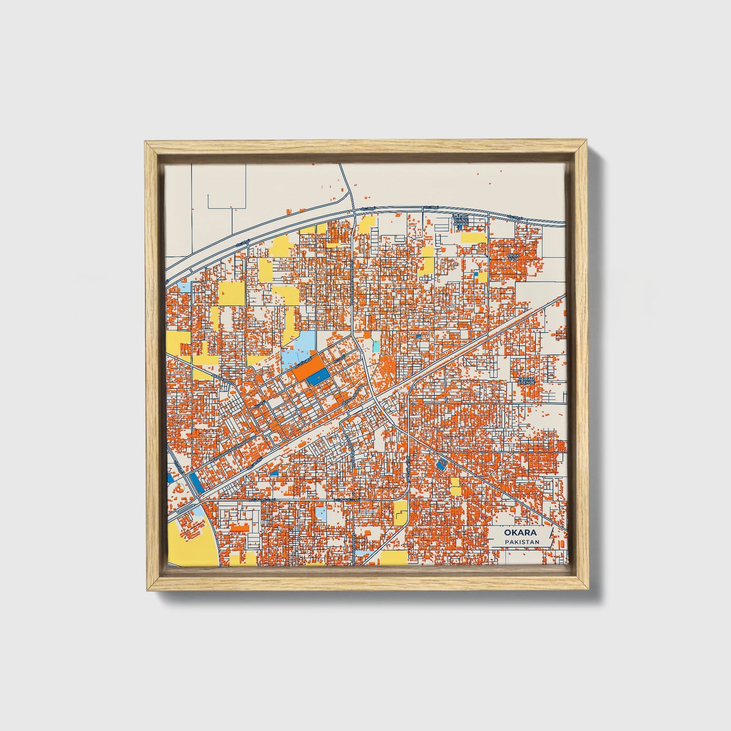 Okara Pakistan Colorful City Map Canvas Print • Natural Wooden Framed