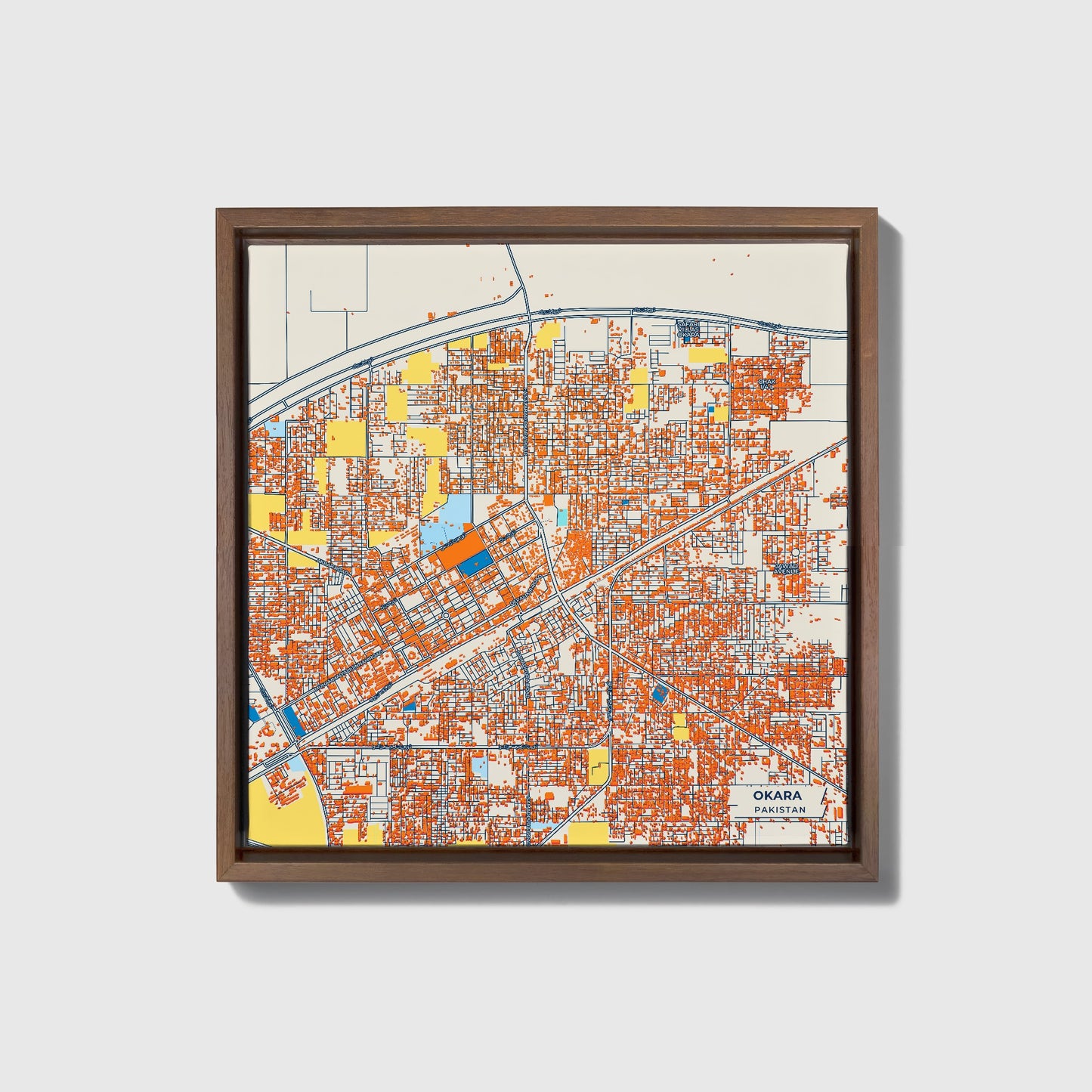 Okara Pakistan Colorful City Map Canvas Print • Dark Wooden Framed