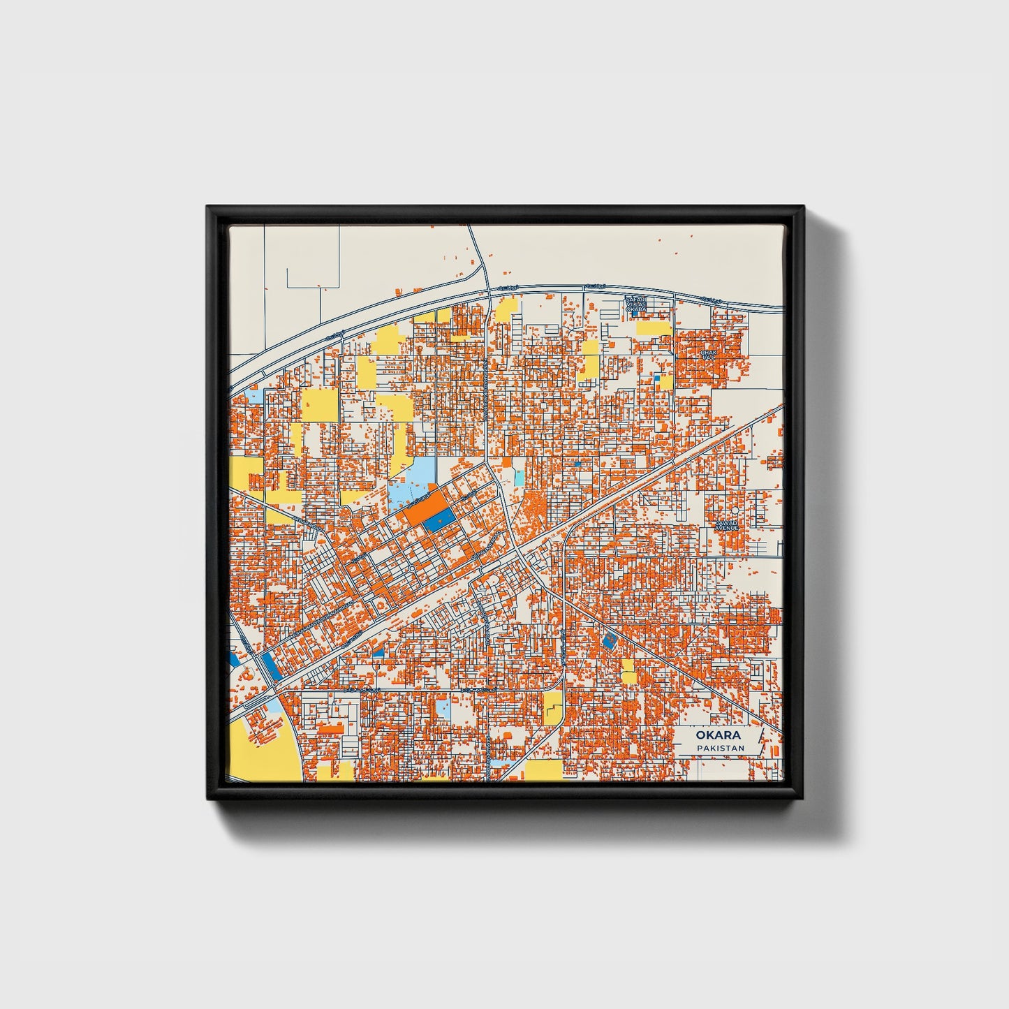Okara Pakistan Colorful City Map Canvas Print • Black Framed