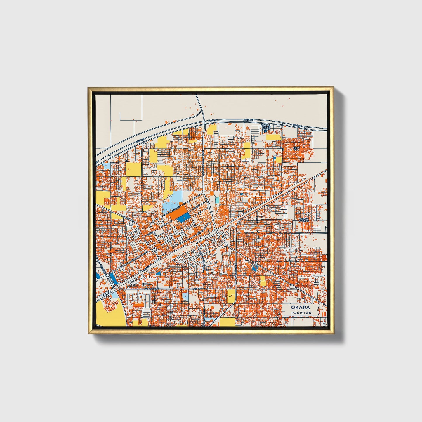 Okara Pakistan Colorful City Map Canvas Print • Gold Framed