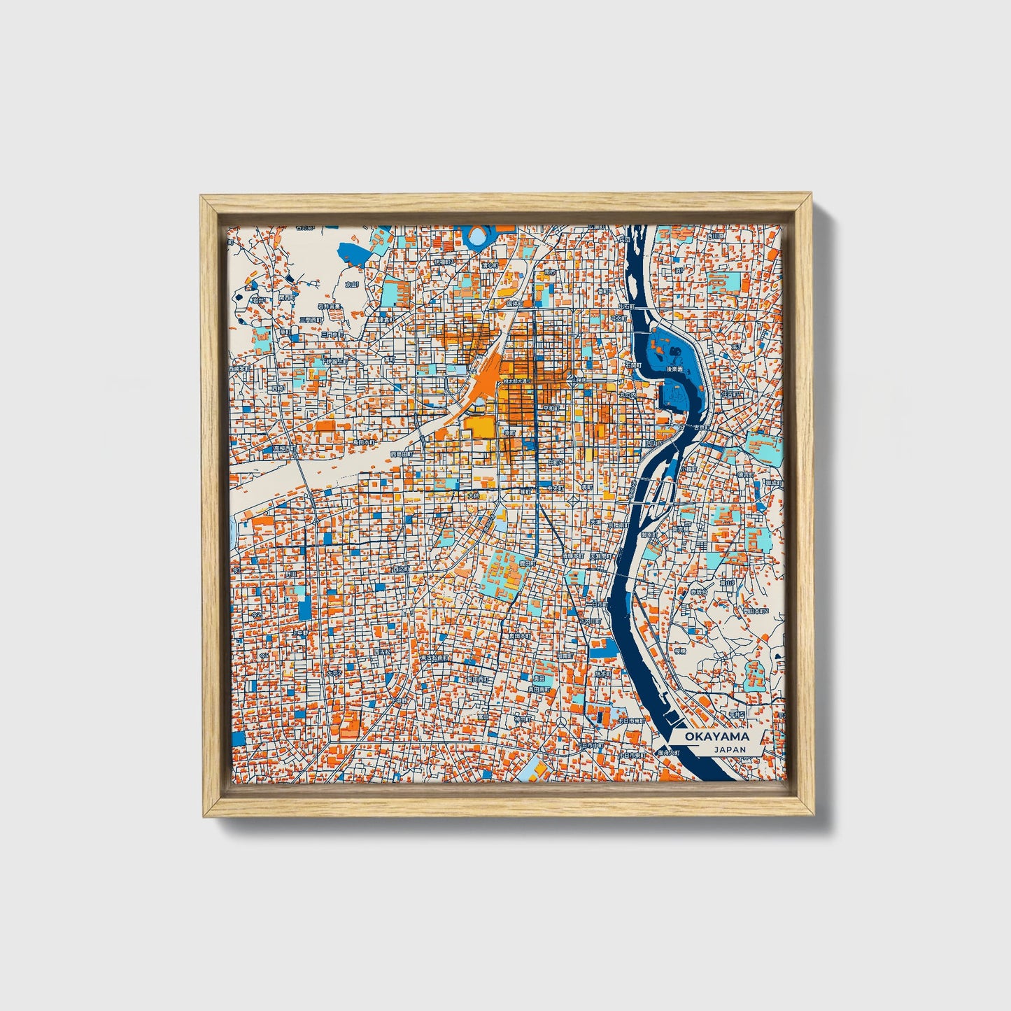 Okayama Japan Colorful City Map Canvas Print • Natural Wooden Framed