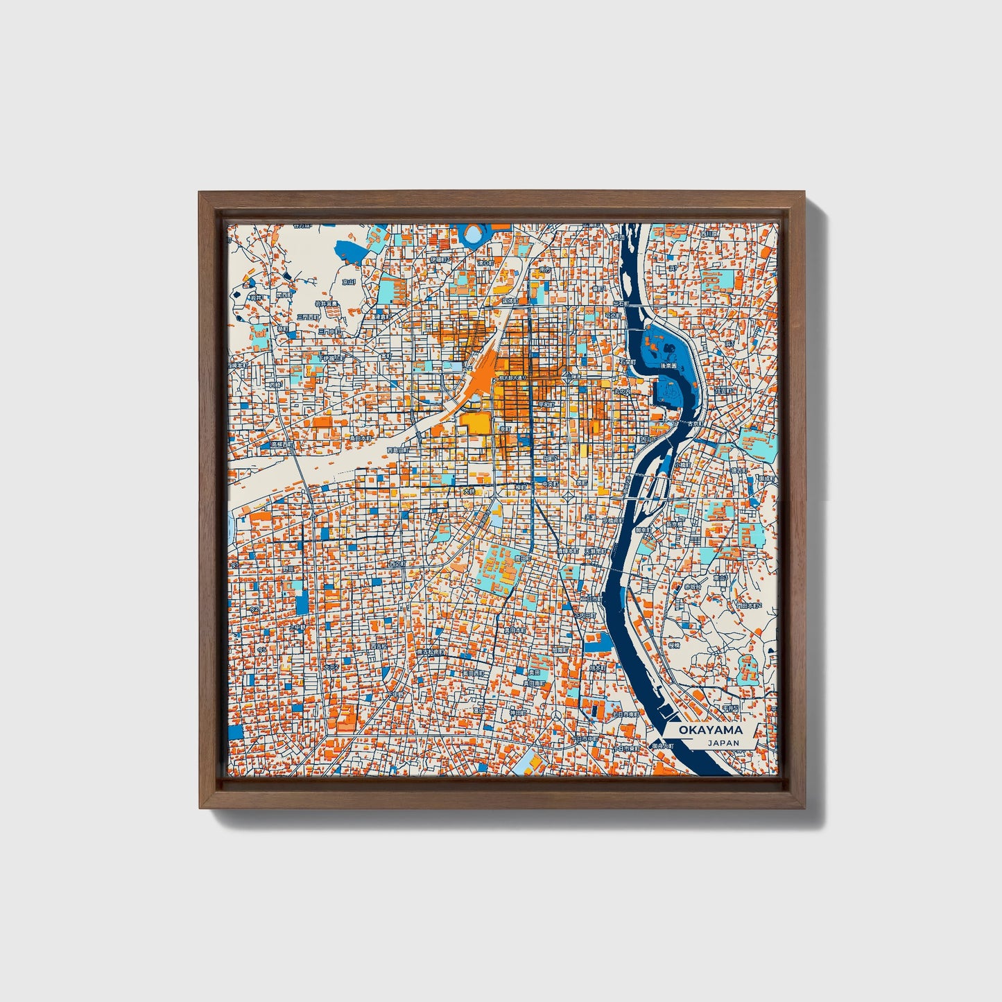 Okayama Japan Colorful City Map Canvas Print • Dark Wooden Framed