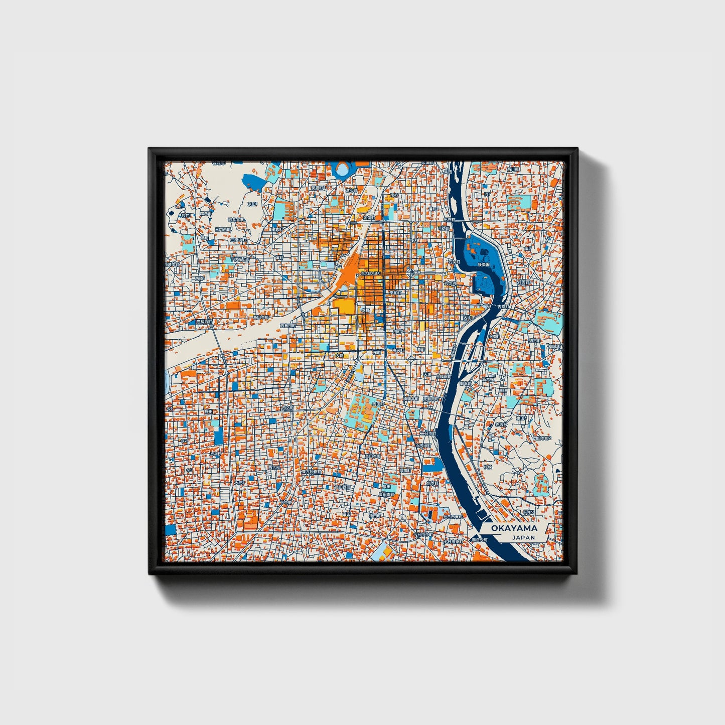 Okayama Japan Colorful City Map Canvas Print • Black Framed