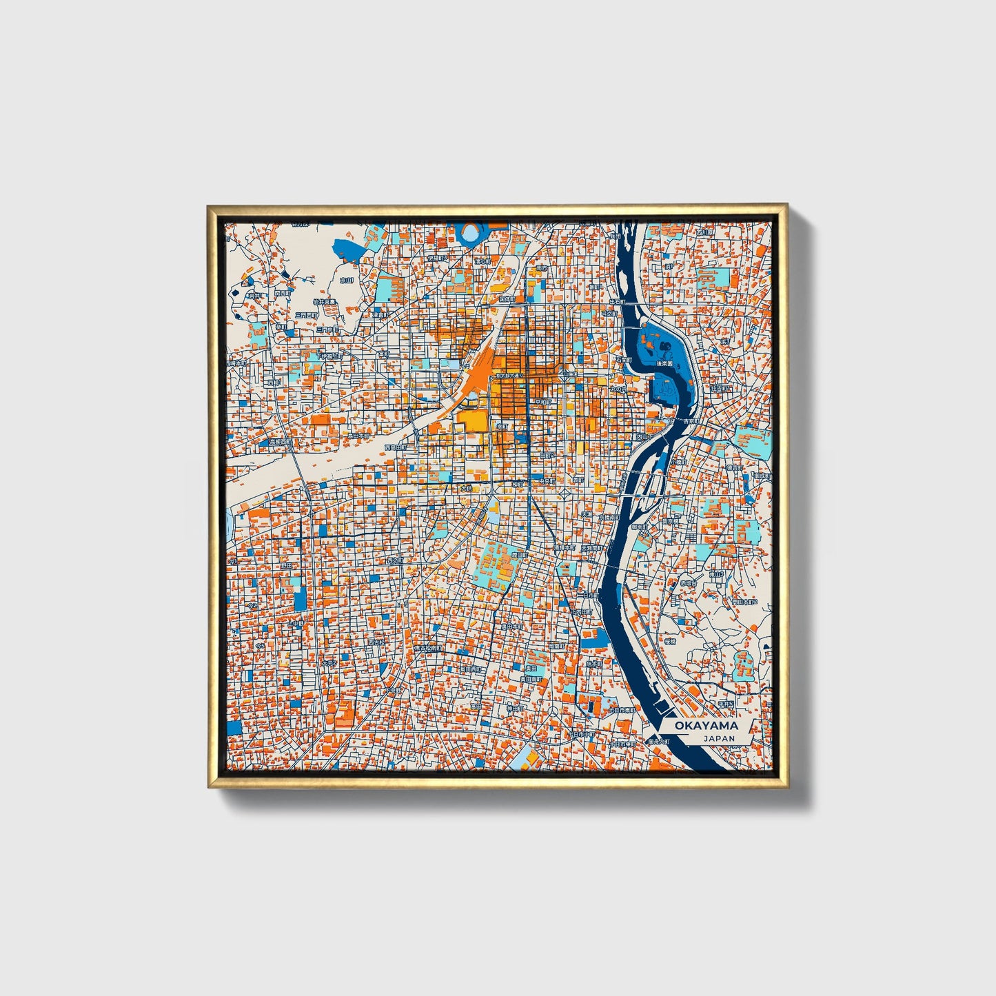 Okayama Japan Colorful City Map Canvas Print • Gold Framed