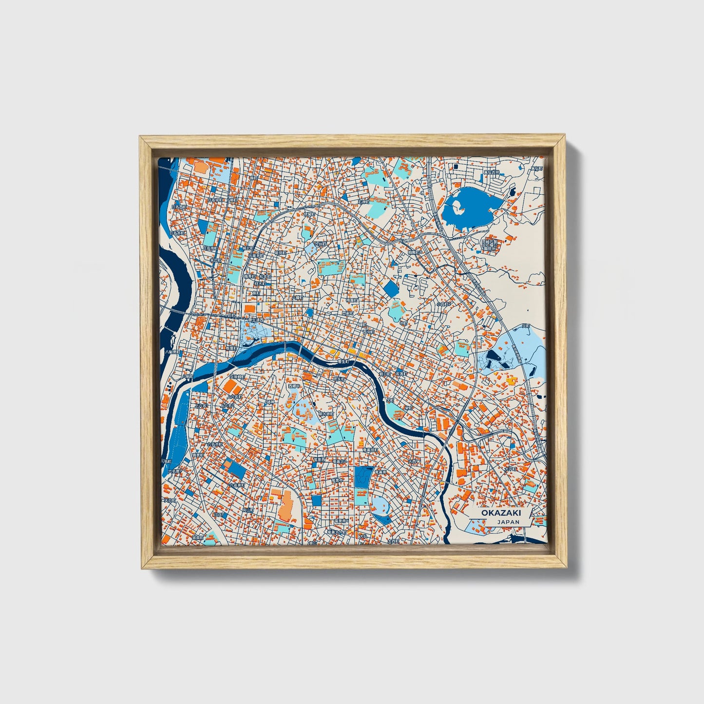 Okazaki Japan Colorful City Map Canvas Print • Natural Wooden Framed