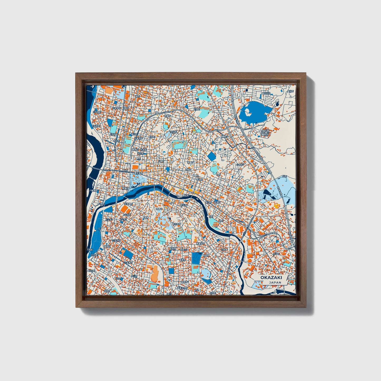 Okazaki Japan Colorful City Map Canvas Print • Dark Wooden Framed
