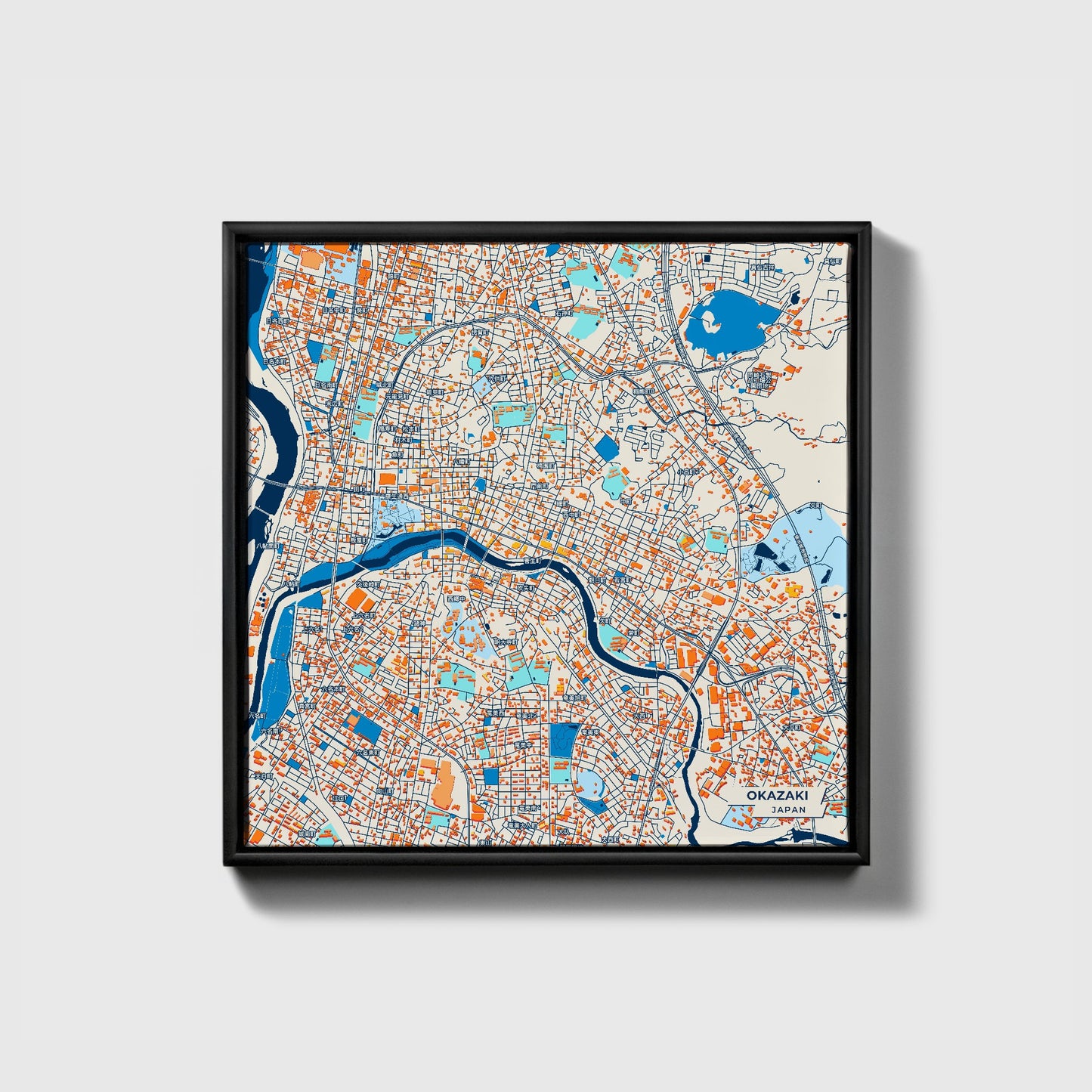 Okazaki Japan Colorful City Map Canvas Print • Black Framed