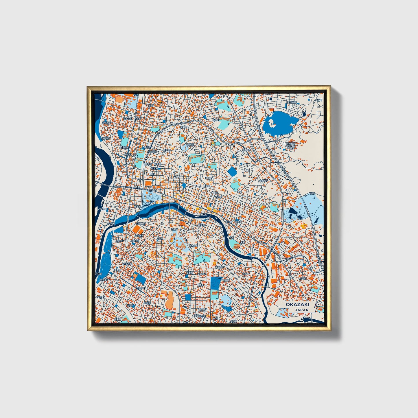 Okazaki Japan Colorful City Map Canvas Print • Gold Framed
