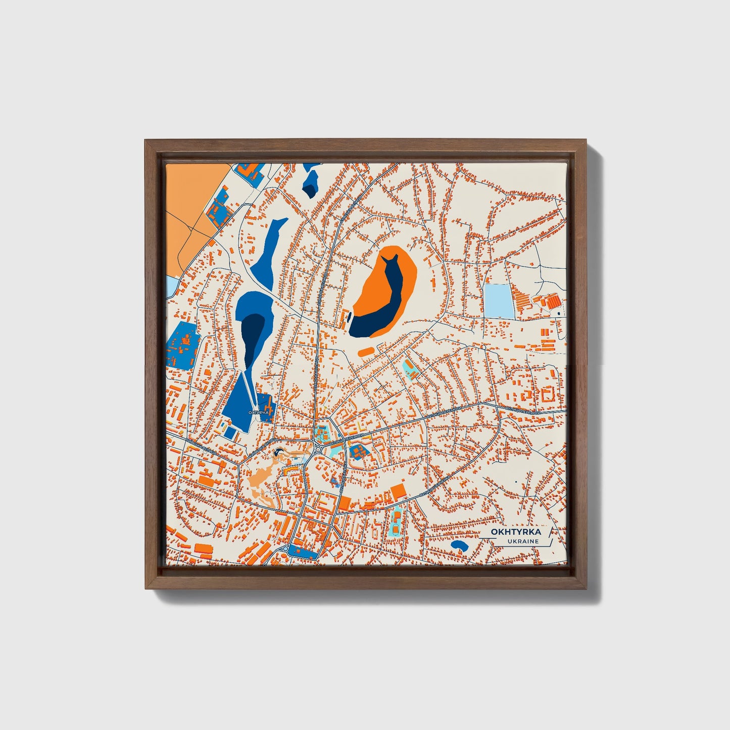 Охтирка Ukraine Colorful City Map Canvas Print • Dark Wooden Framed