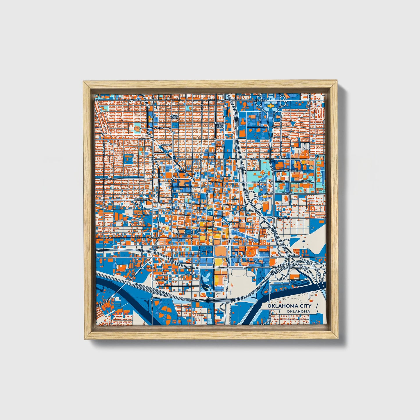 Oklahoma City Oklahoma Colorful City Map Canvas Print • Natural Wooden Framed