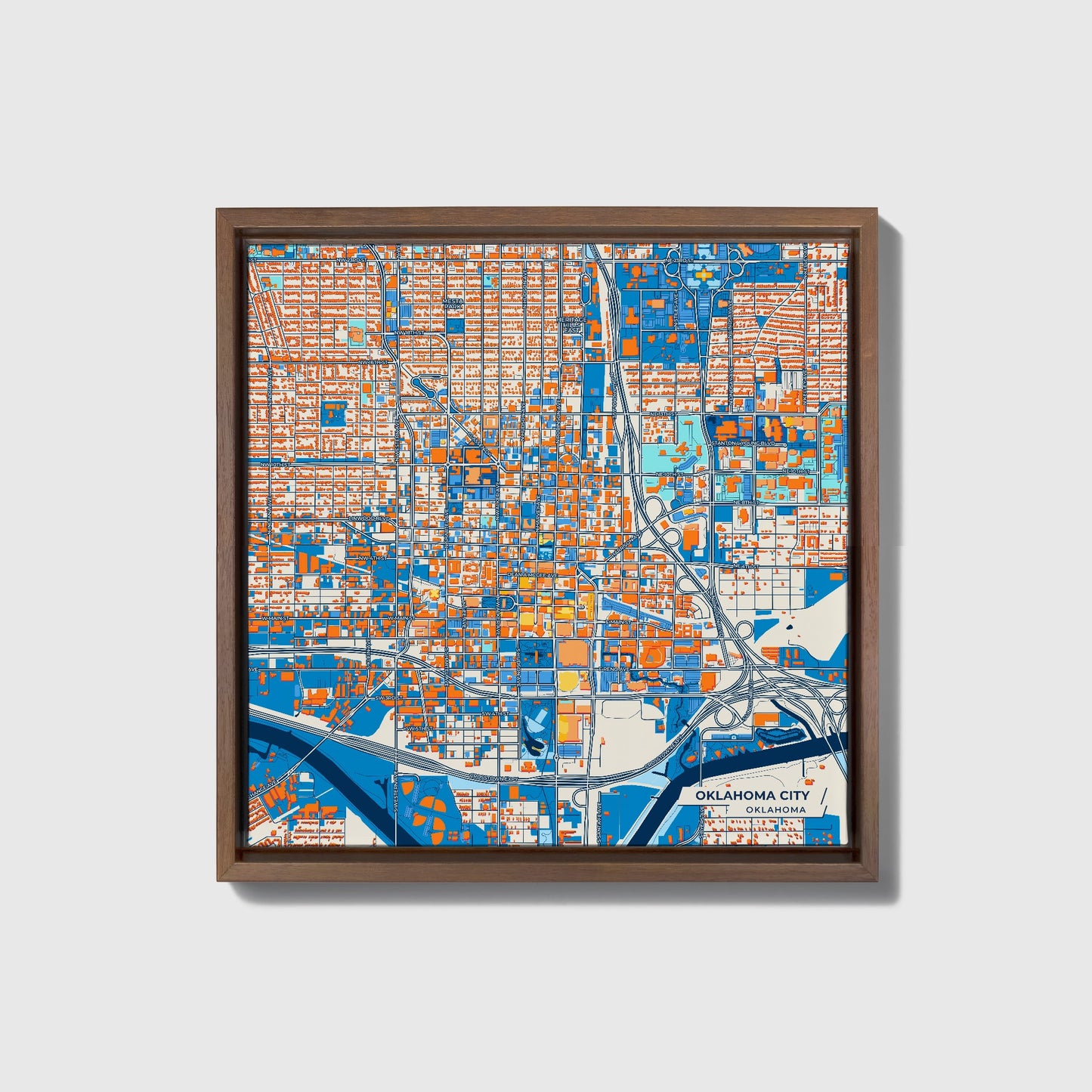 Oklahoma City Oklahoma Colorful City Map Canvas Print • Dark Wooden Framed