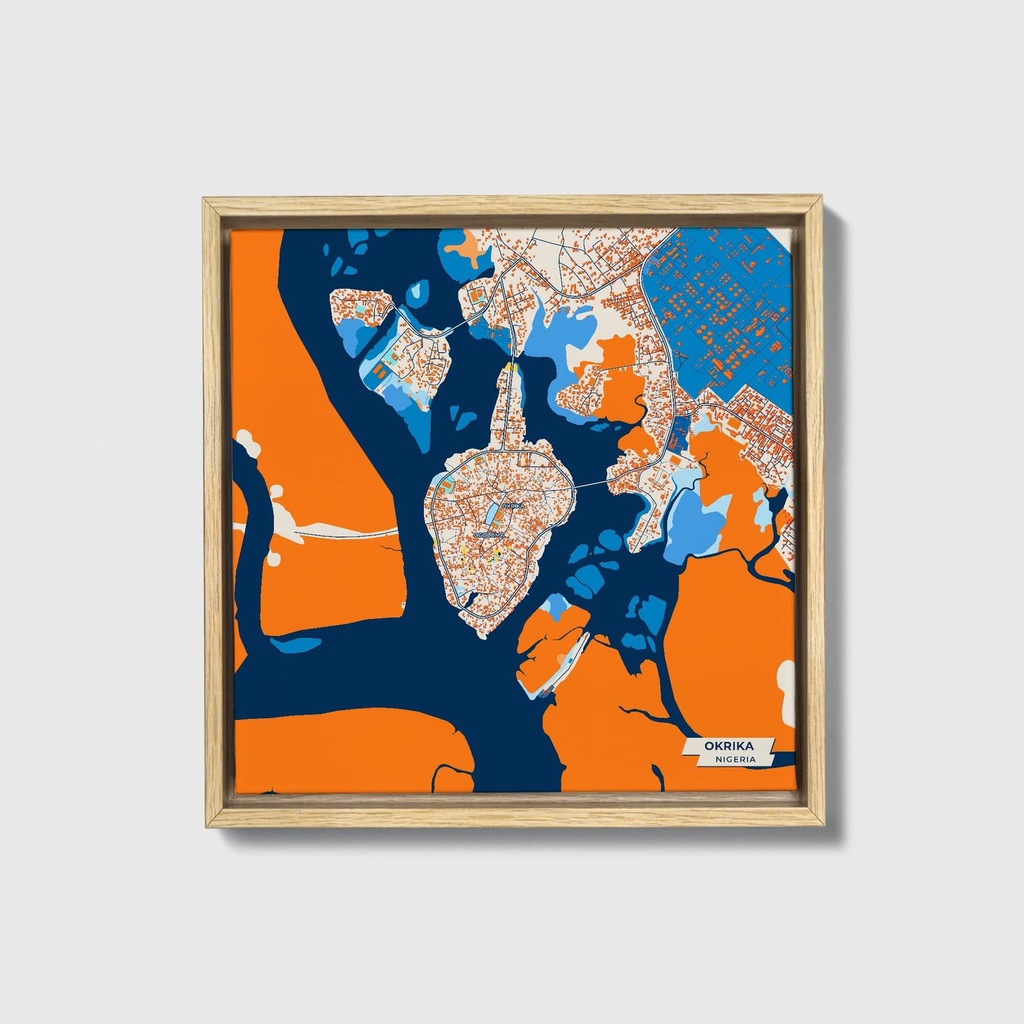 Okrika Nigeria Colorful City Map Canvas Print • Natural Wooden Framed
