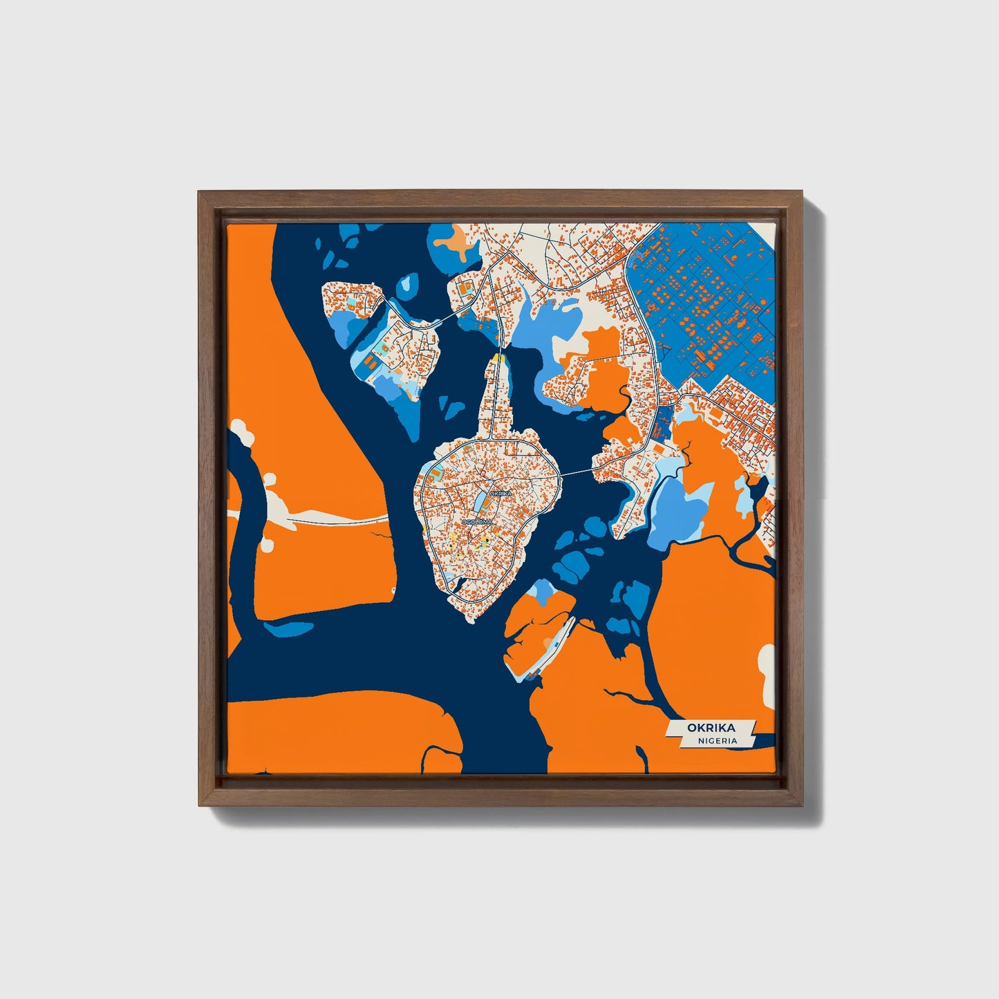 Okrika Nigeria Colorful City Map Canvas Print • Dark Wooden Framed