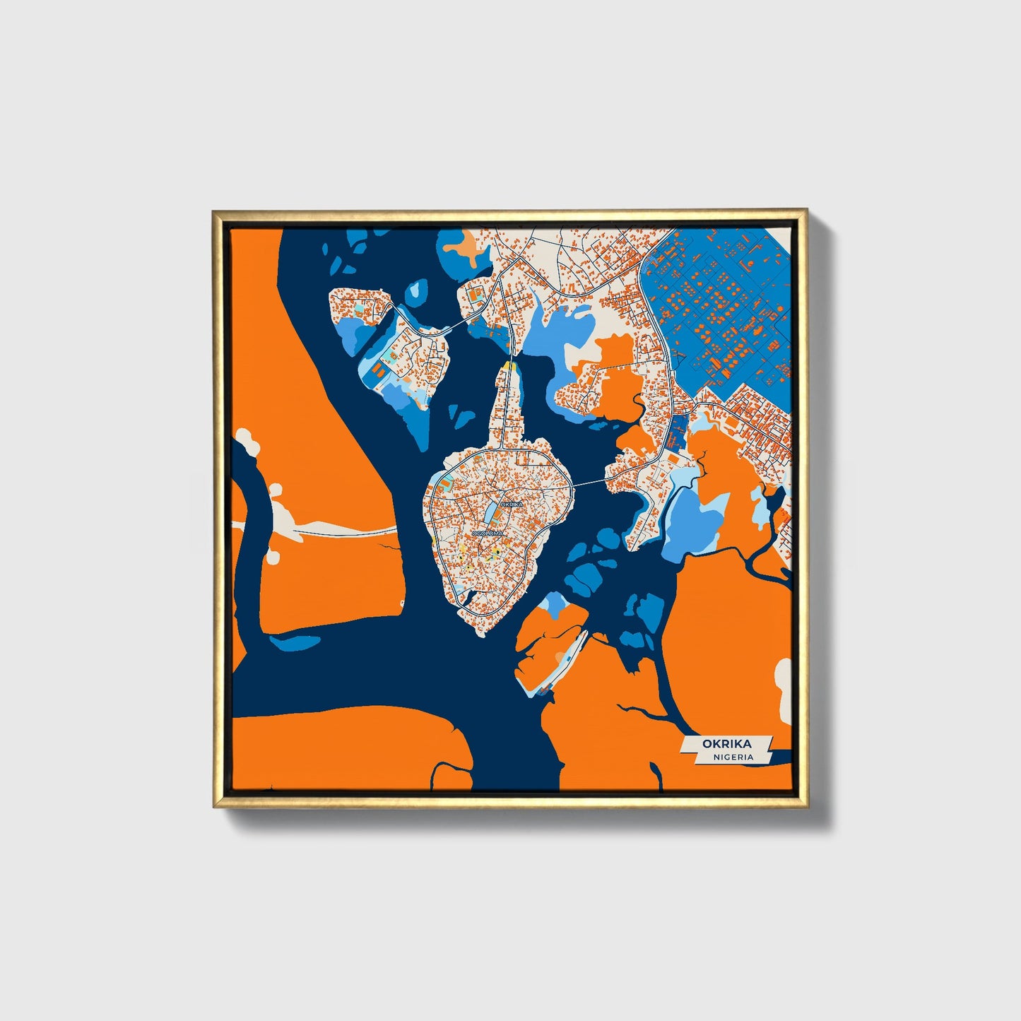 Okrika Nigeria Colorful City Map Canvas Print • Gold Framed