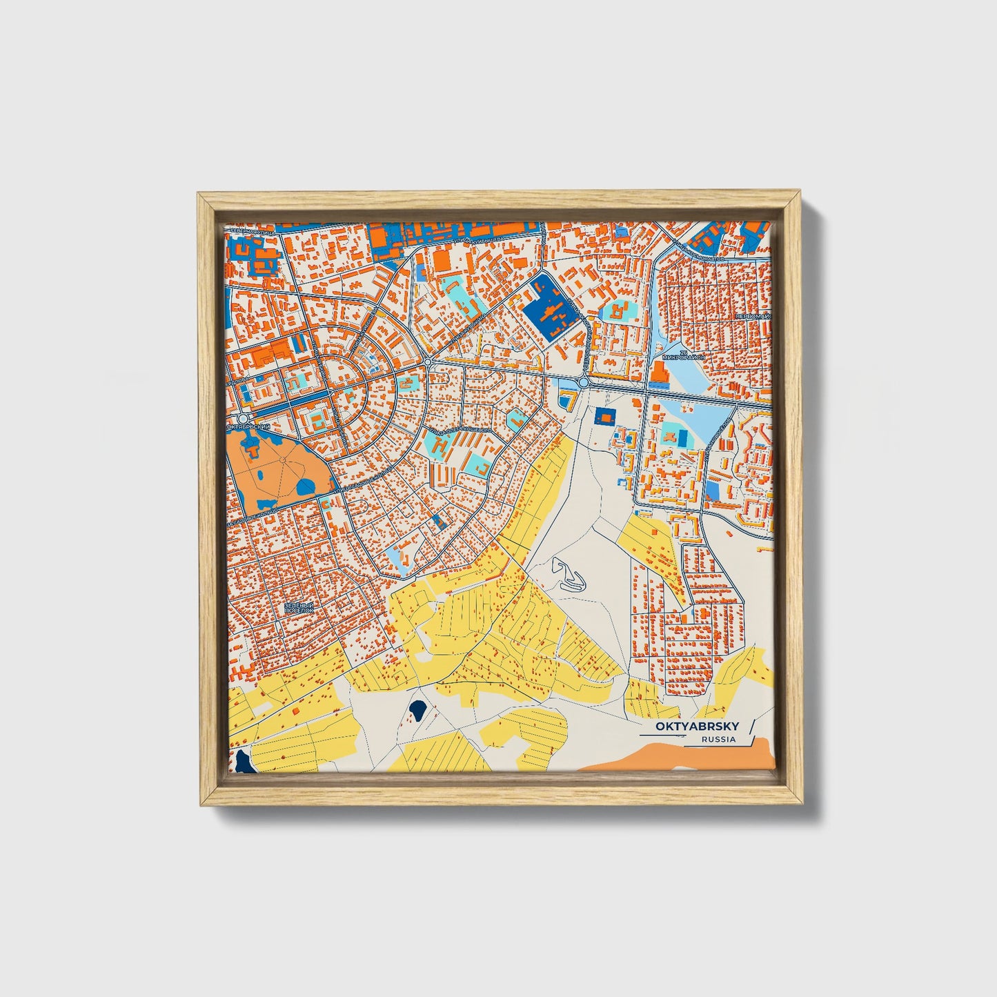 Октябрьский Russia Colorful City Map Canvas Print • Natural Wooden Framed
