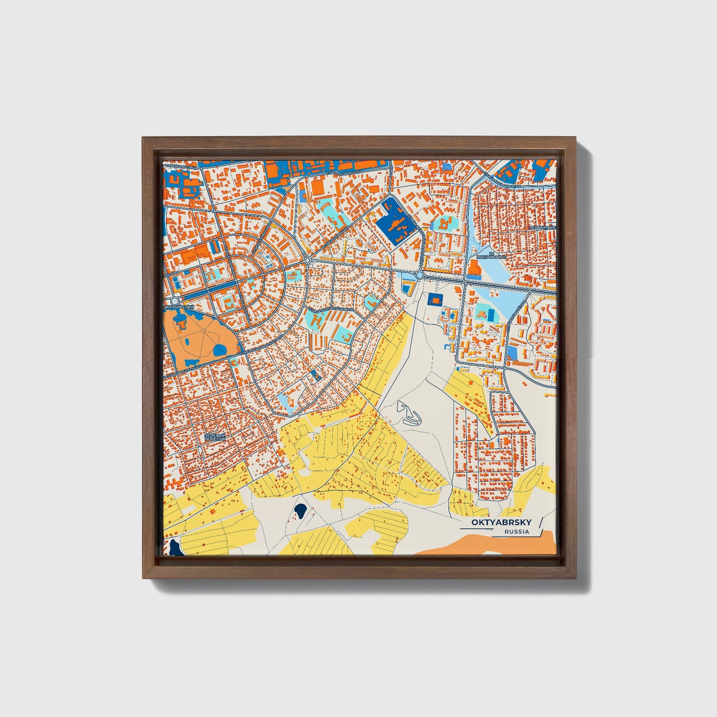 Октябрьский Russia Colorful City Map Canvas Print • Dark Wooden Framed