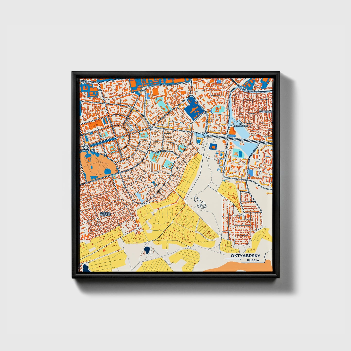 Октябрьский Russia Colorful City Map Canvas Print • Black Framed