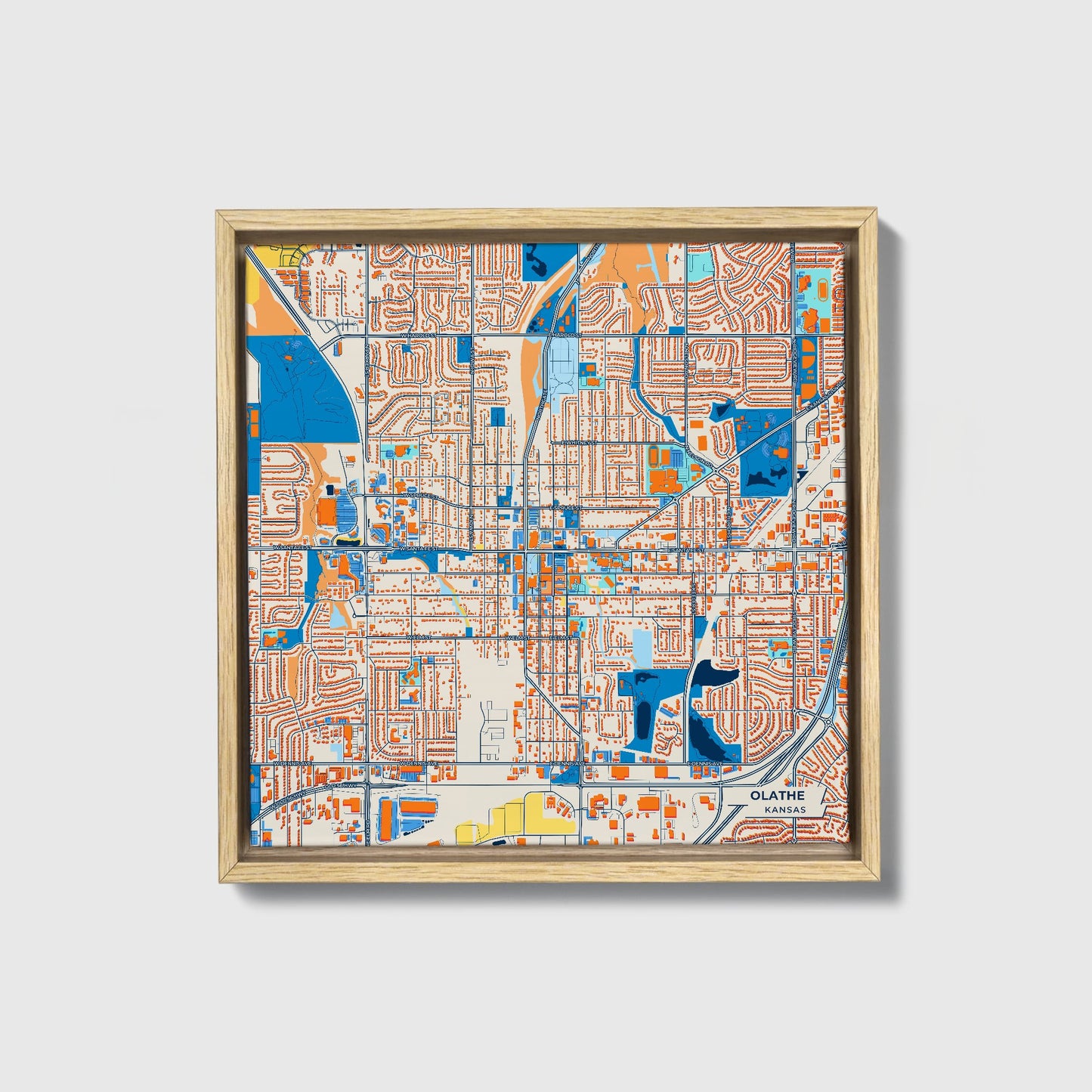 Olathe Kansas Colorful City Map Canvas Print • Natural Wooden Framed