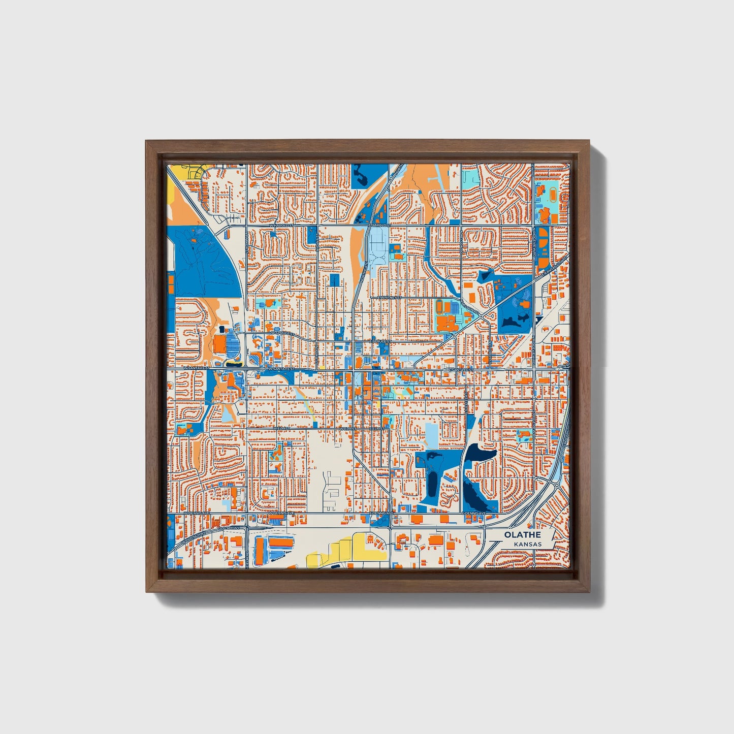 Olathe Kansas Colorful City Map Canvas Print • Dark Wooden Framed