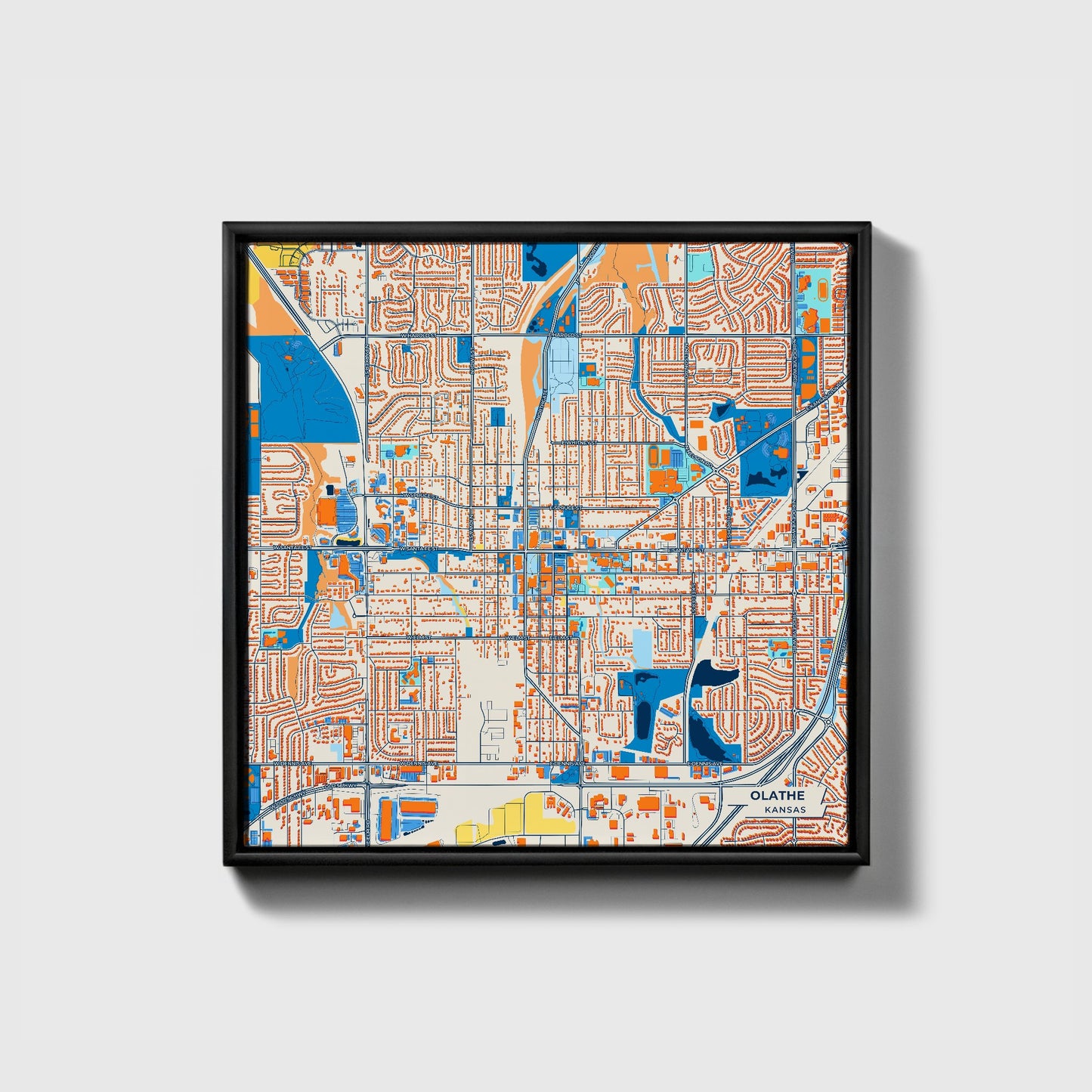 Olathe Kansas Colorful City Map Canvas Print • Black Framed