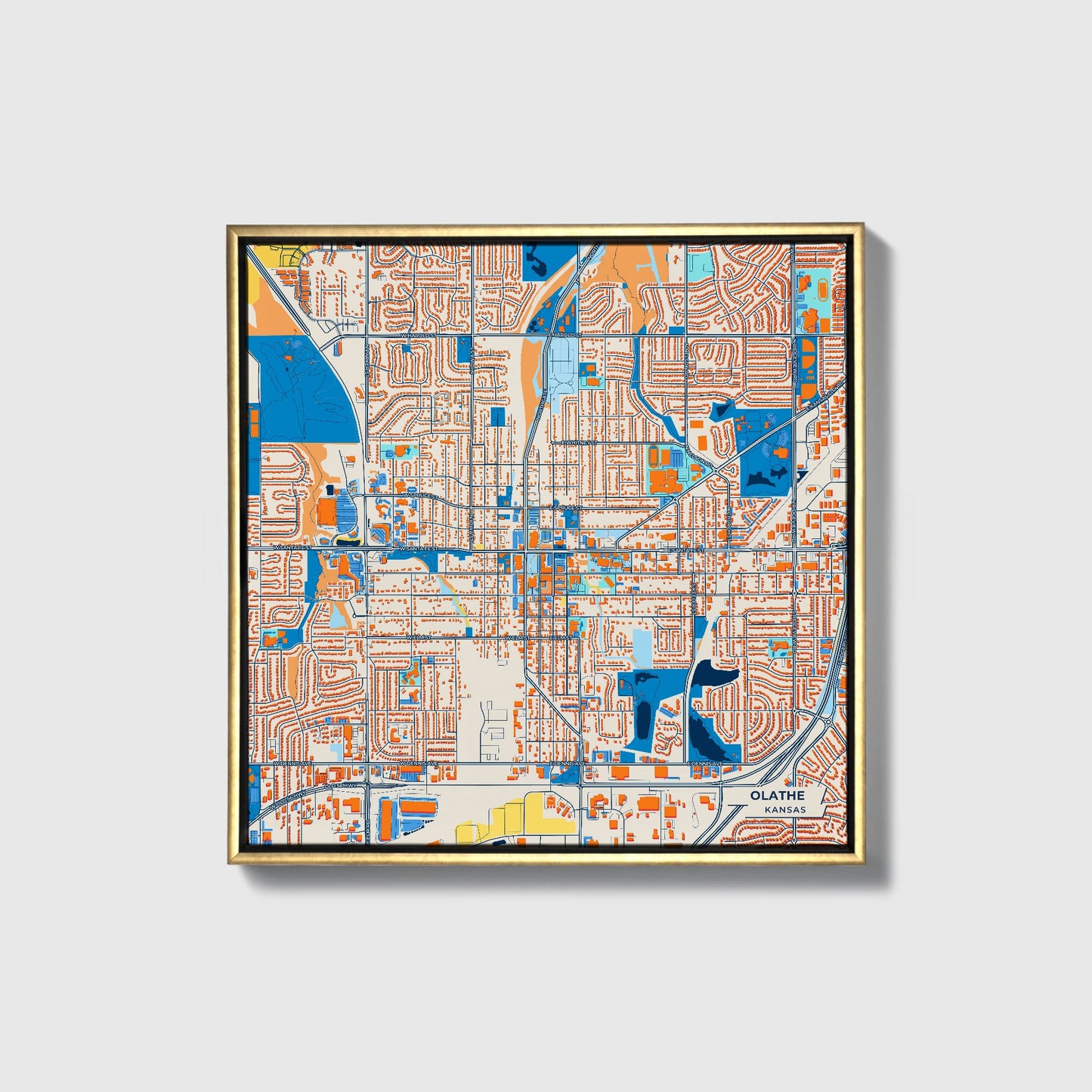 Olathe Kansas Colorful City Map Canvas Print • Gold Framed