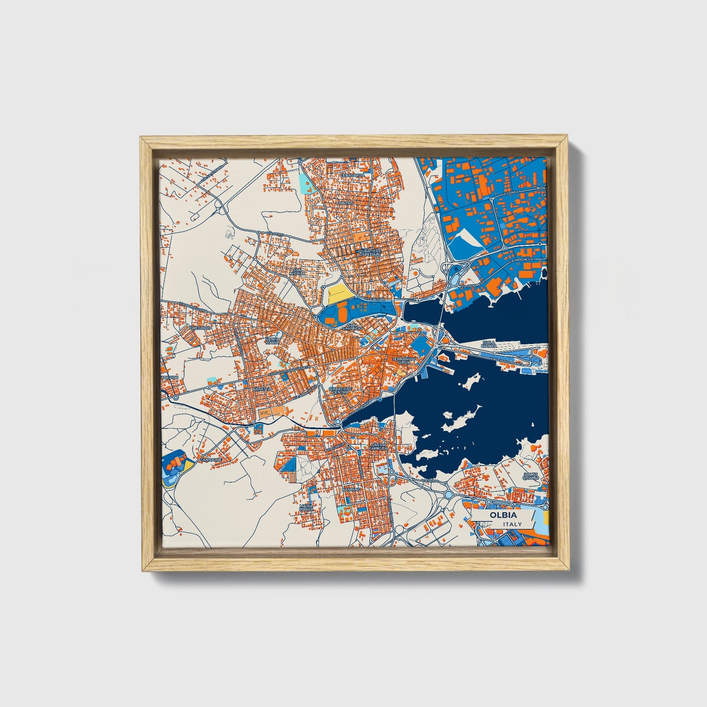 Olbia Italy Colorful City Map Canvas Print • Natural Wooden Framed