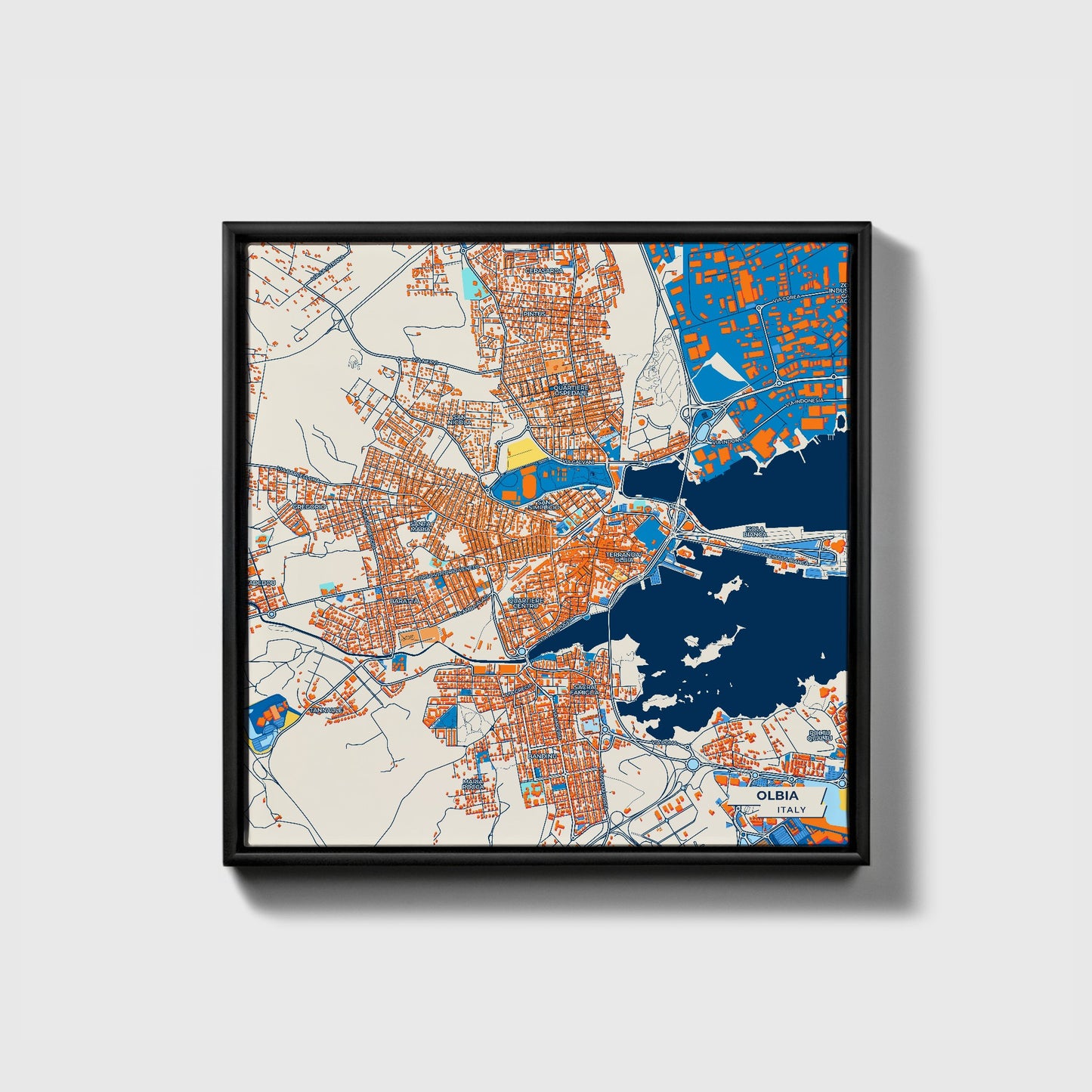 Olbia Italy Colorful City Map Canvas Print • Black Framed