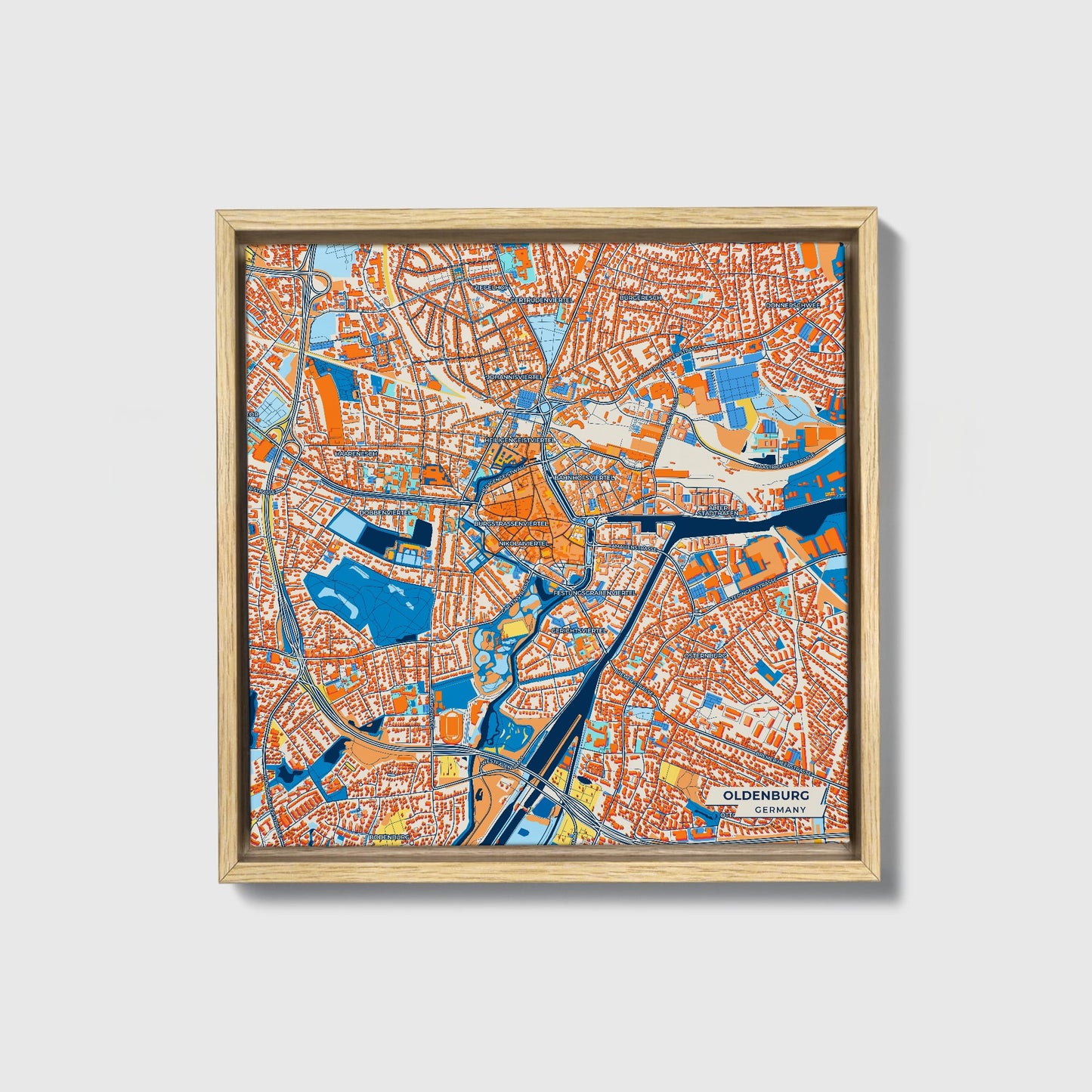 Oldenburg Germany Colorful City Map Canvas Print • Natural Wooden Framed