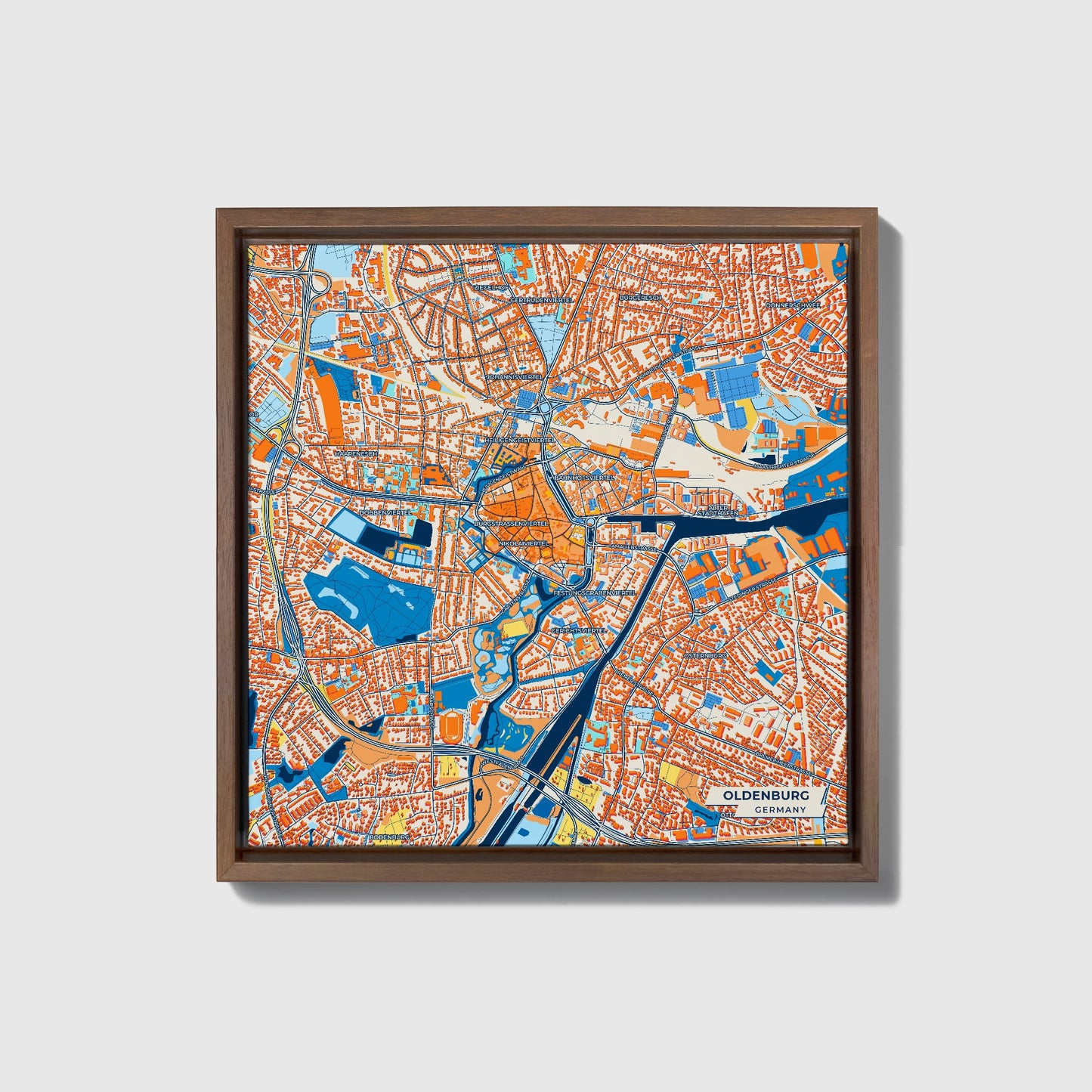 Oldenburg Germany Colorful City Map Canvas Print • Dark Wooden Framed