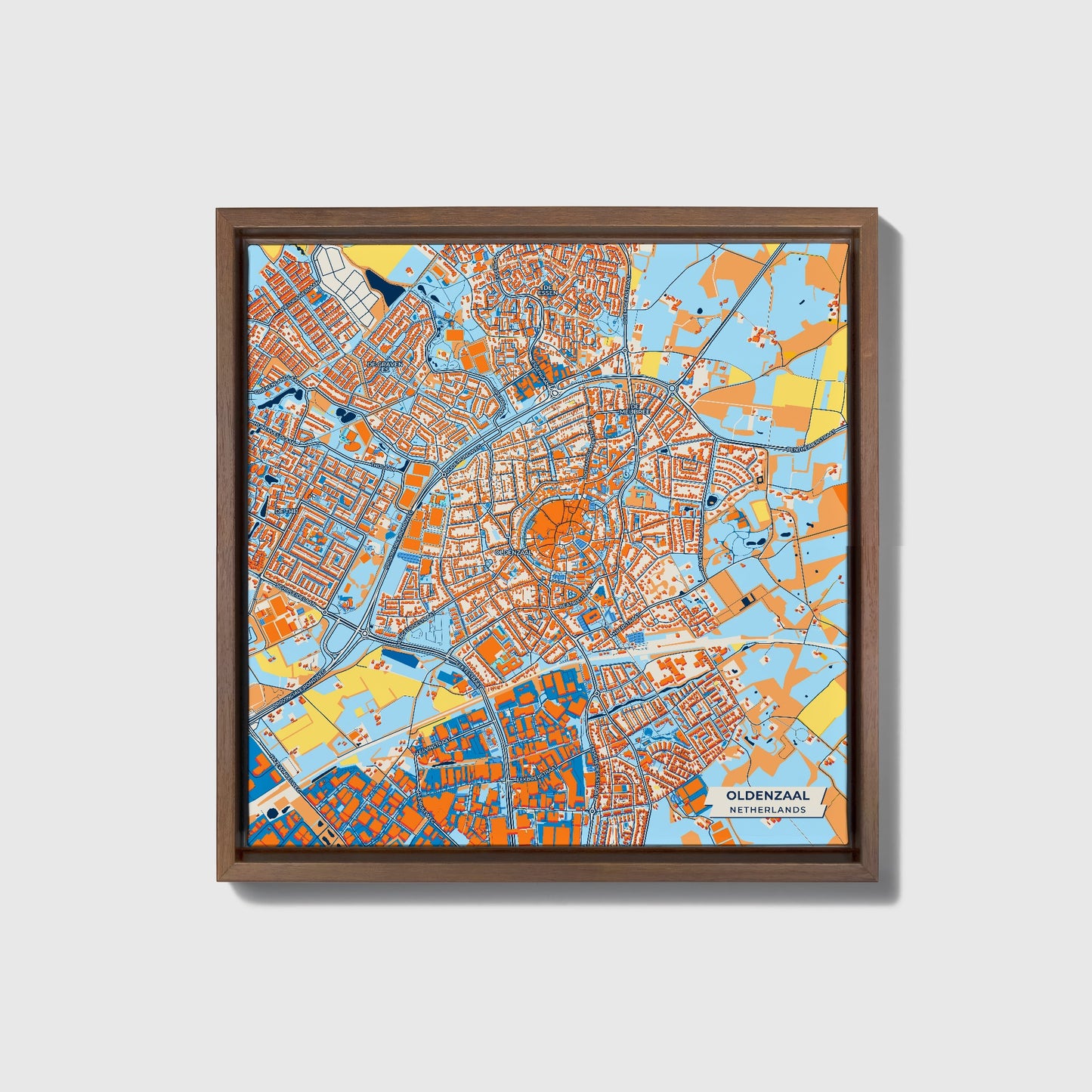 Oldenzaal Netherlands Colorful City Map Canvas Print • Dark Wooden Framed