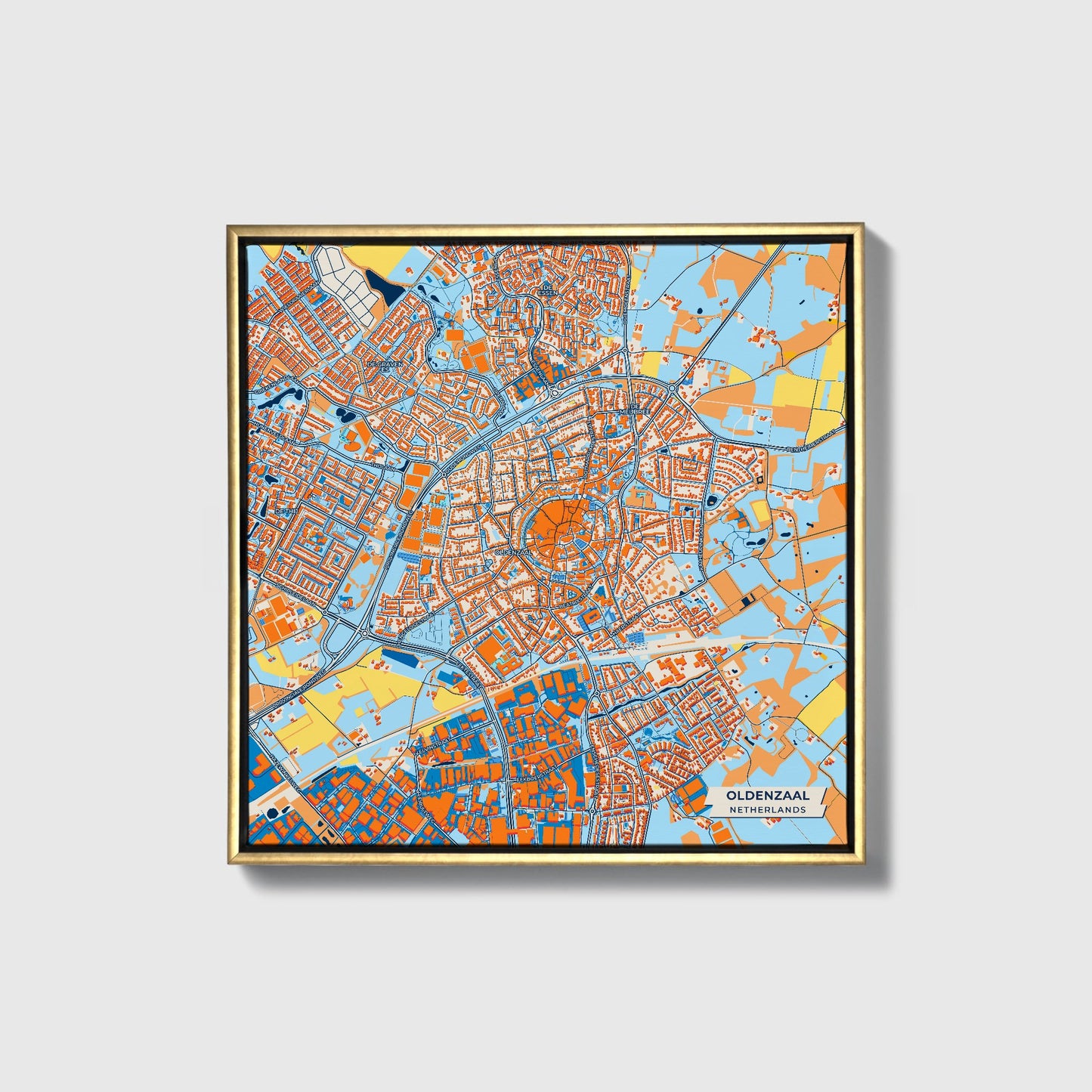 Oldenzaal Netherlands Colorful City Map Canvas Print • Gold Framed