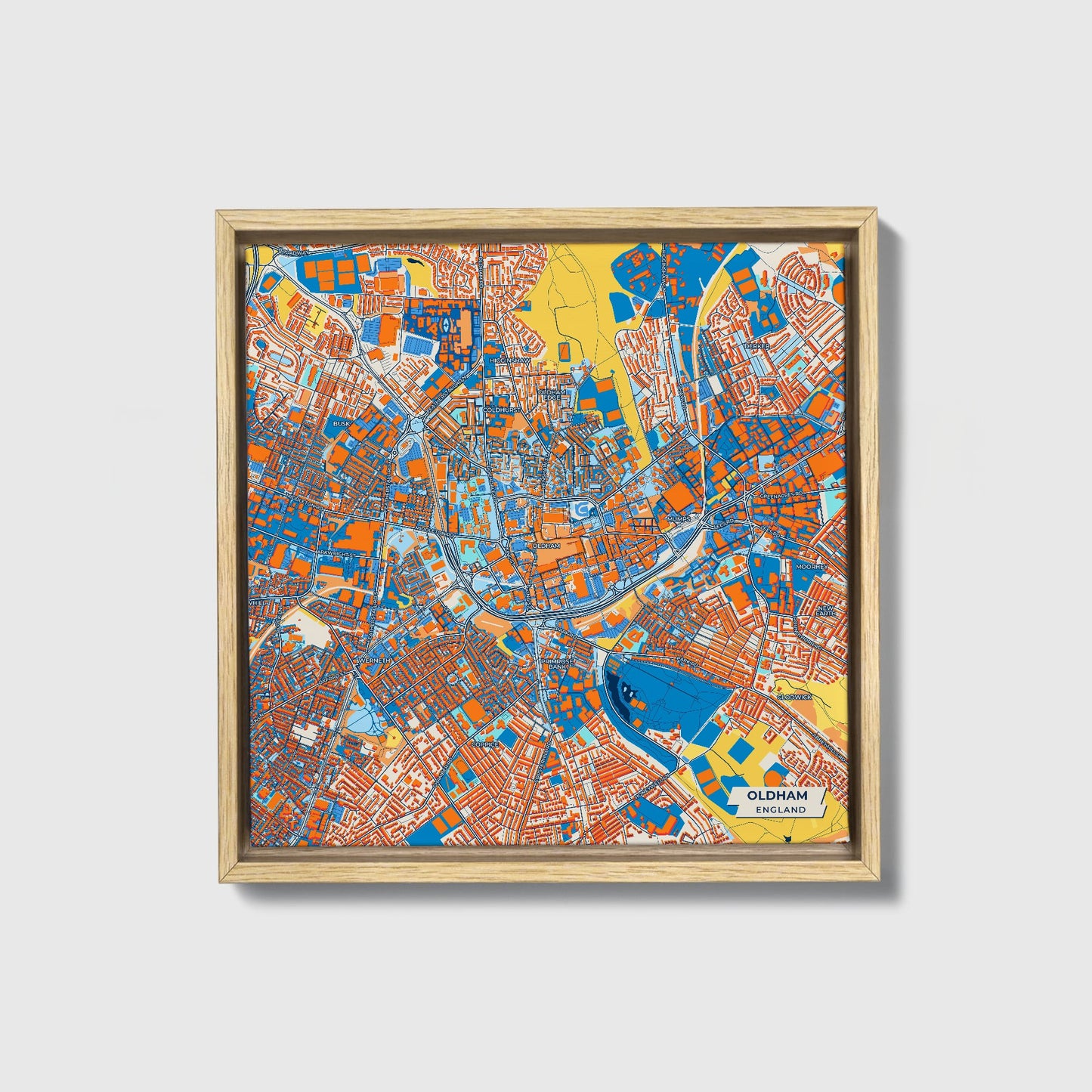 Oldham England Colorful City Map Canvas Print • Natural Wooden Framed