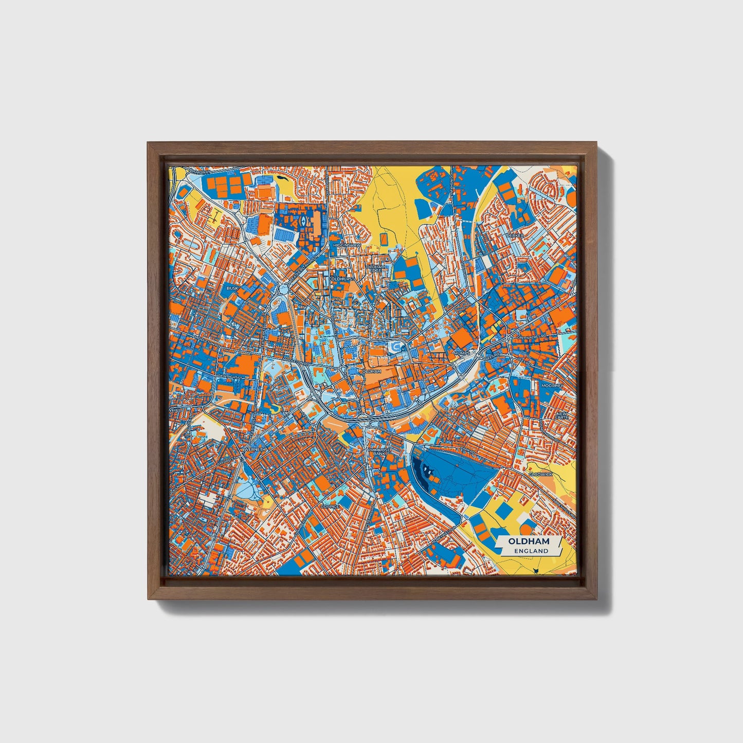 Oldham England Colorful City Map Canvas Print • Dark Wooden Framed