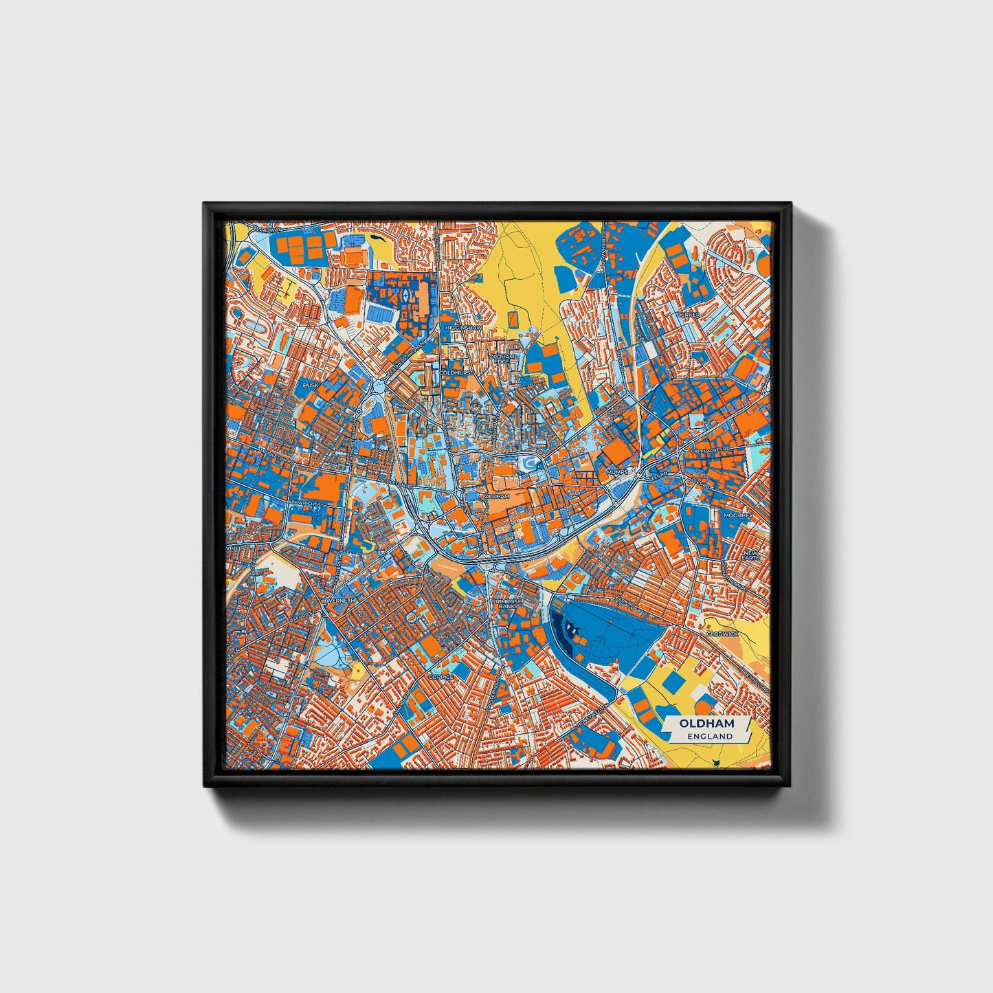 Oldham England Colorful City Map Canvas Print • Black Framed