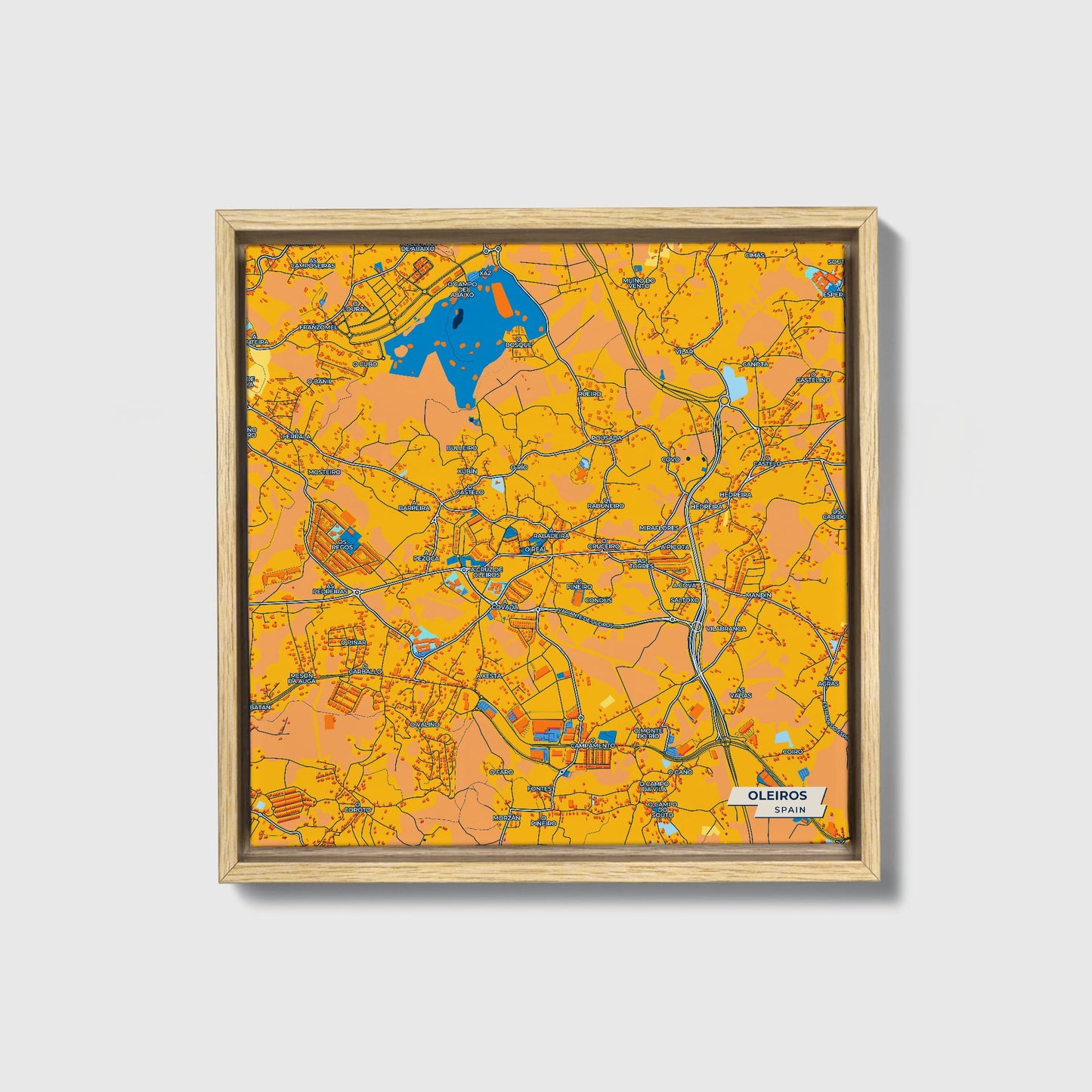 Oleiros Spain Colorful City Map Canvas Print • Natural Wooden Framed