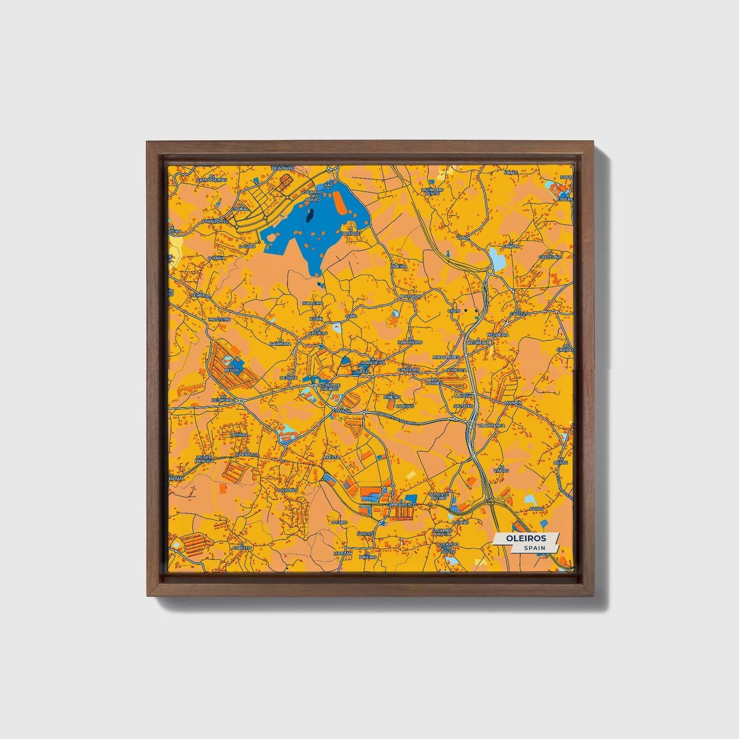 Oleiros Spain Colorful City Map Canvas Print • Dark Wooden Framed