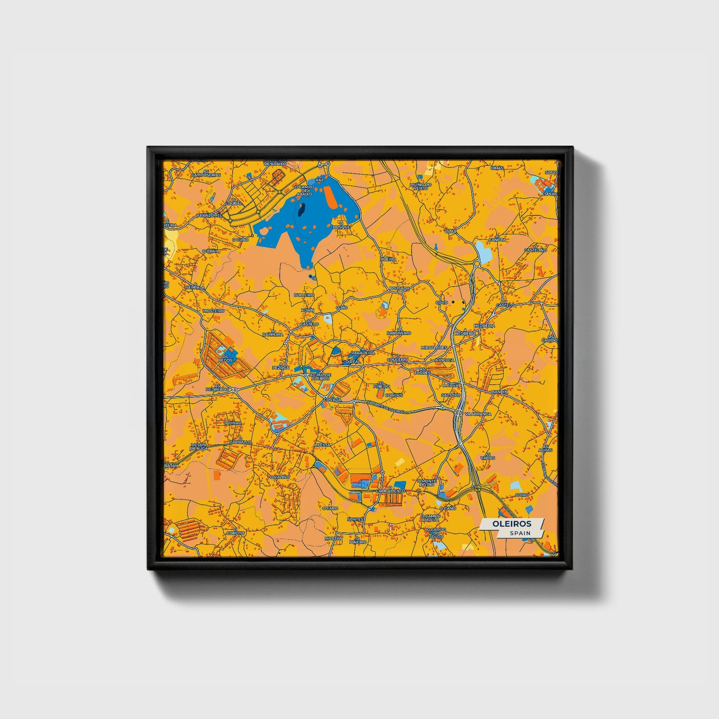 Oleiros Spain Colorful City Map Canvas Print • Black Framed