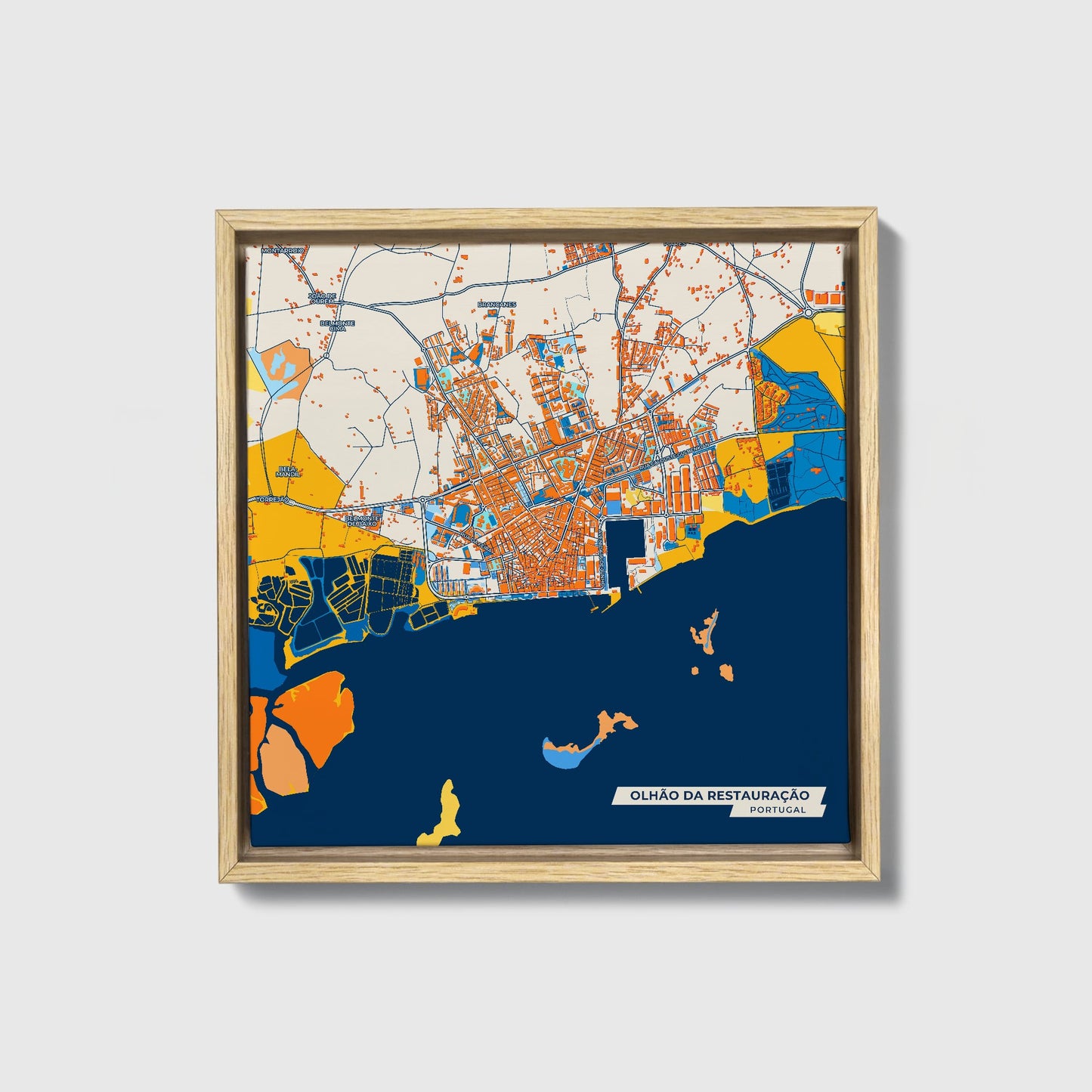 Olhão Da Restauração Portugal Colorful City Map Canvas Print • Natural Wooden Framed