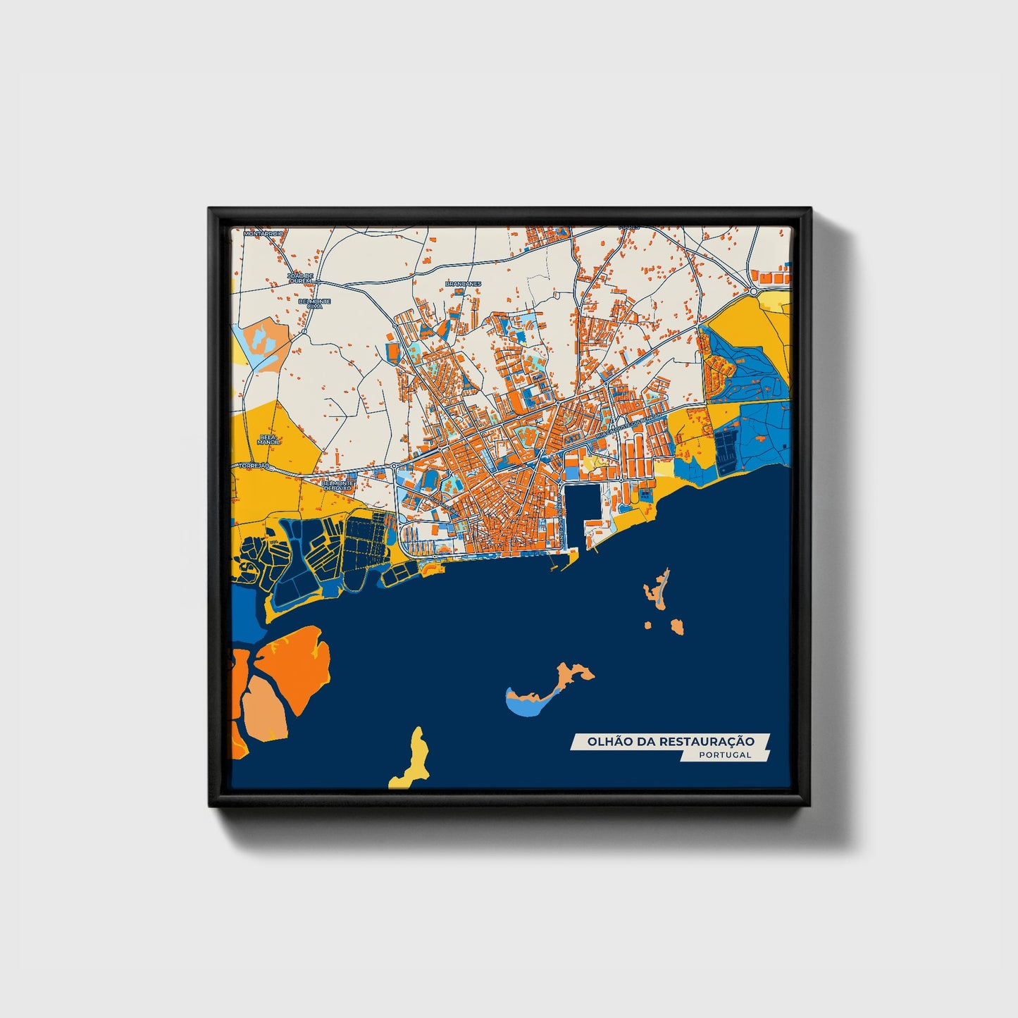 Olhão Da Restauração Portugal Colorful City Map Canvas Print • Black Framed