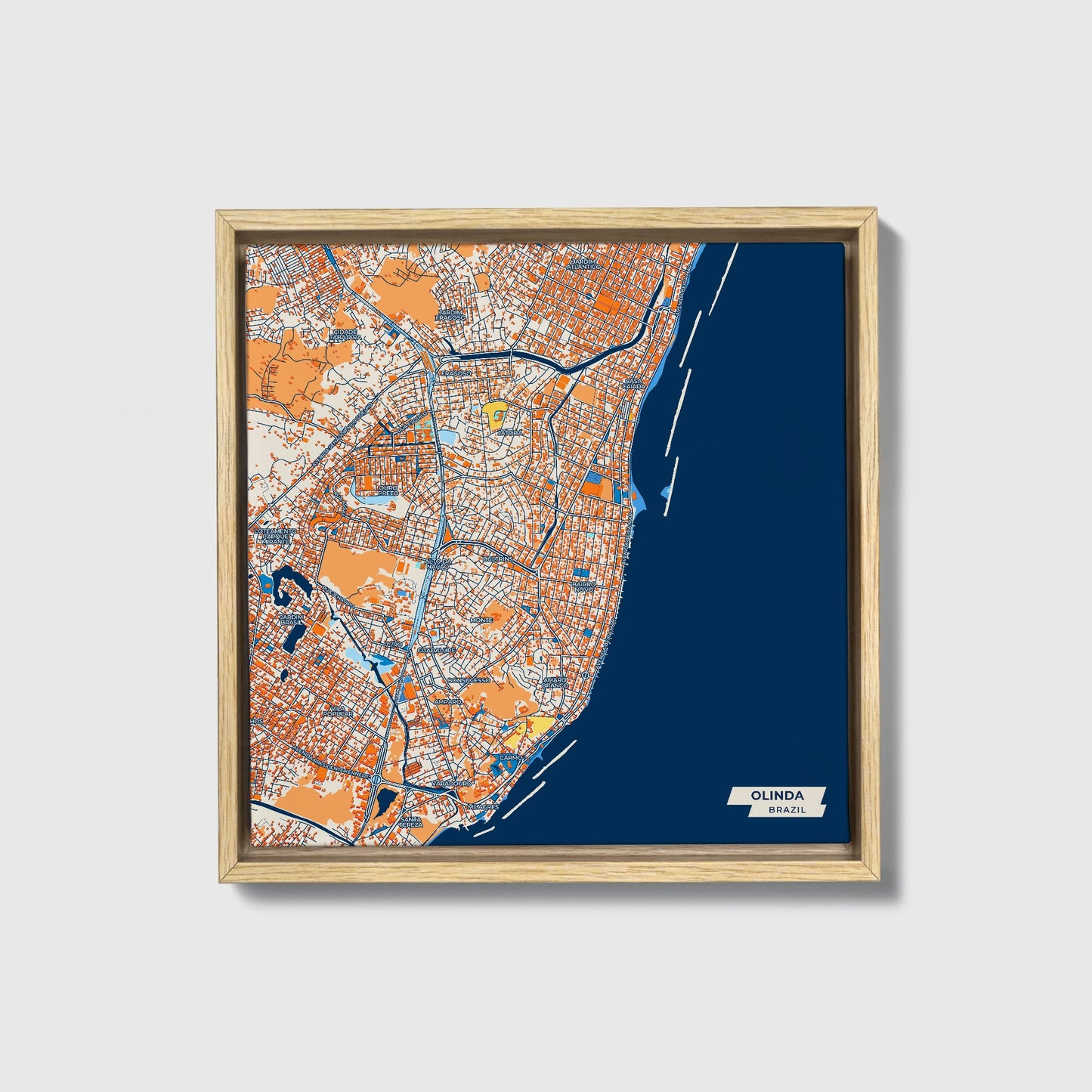 Olinda Brazil Colorful City Map Canvas Print • Natural Wooden Framed
