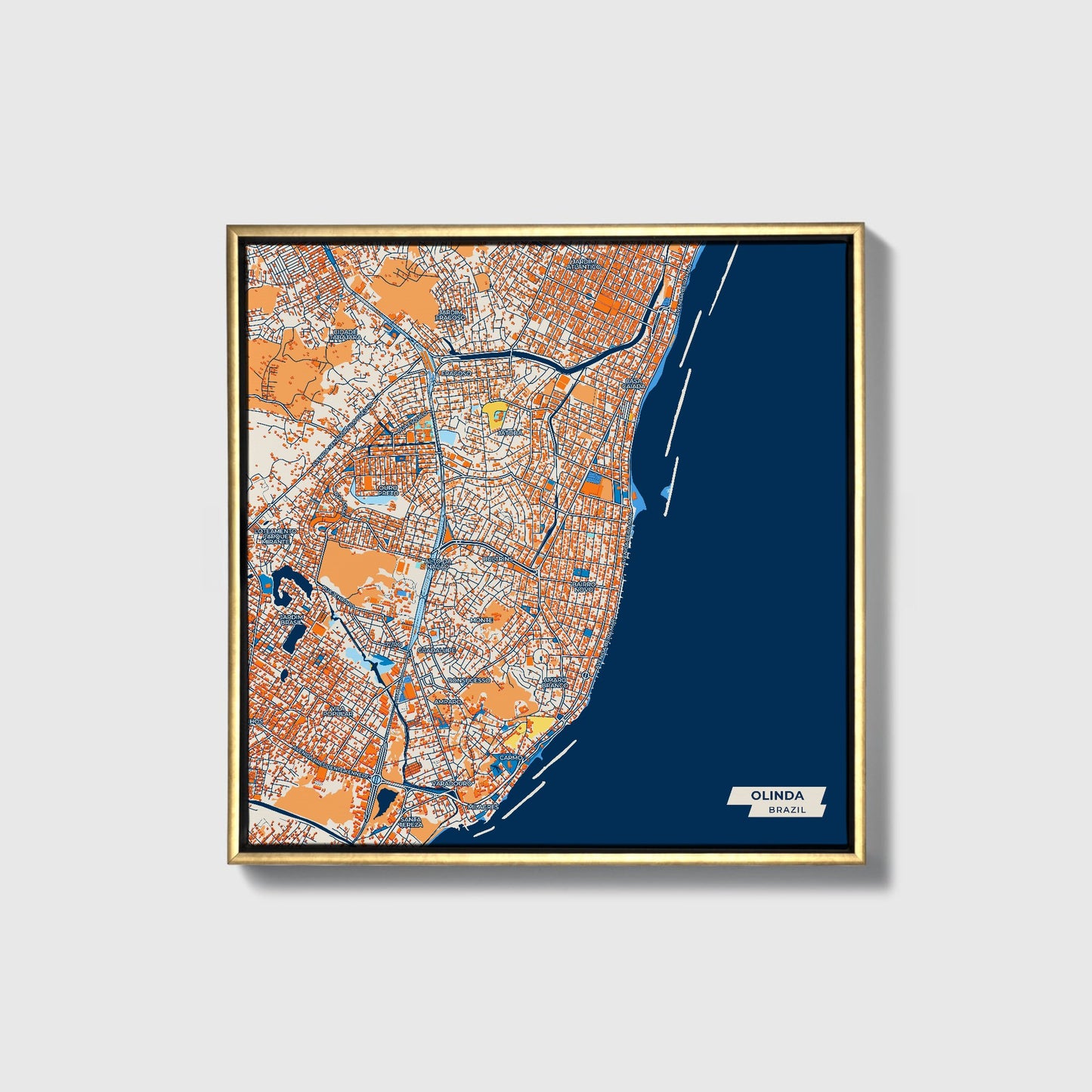 Olinda Brazil Colorful City Map Canvas Print • Gold Framed