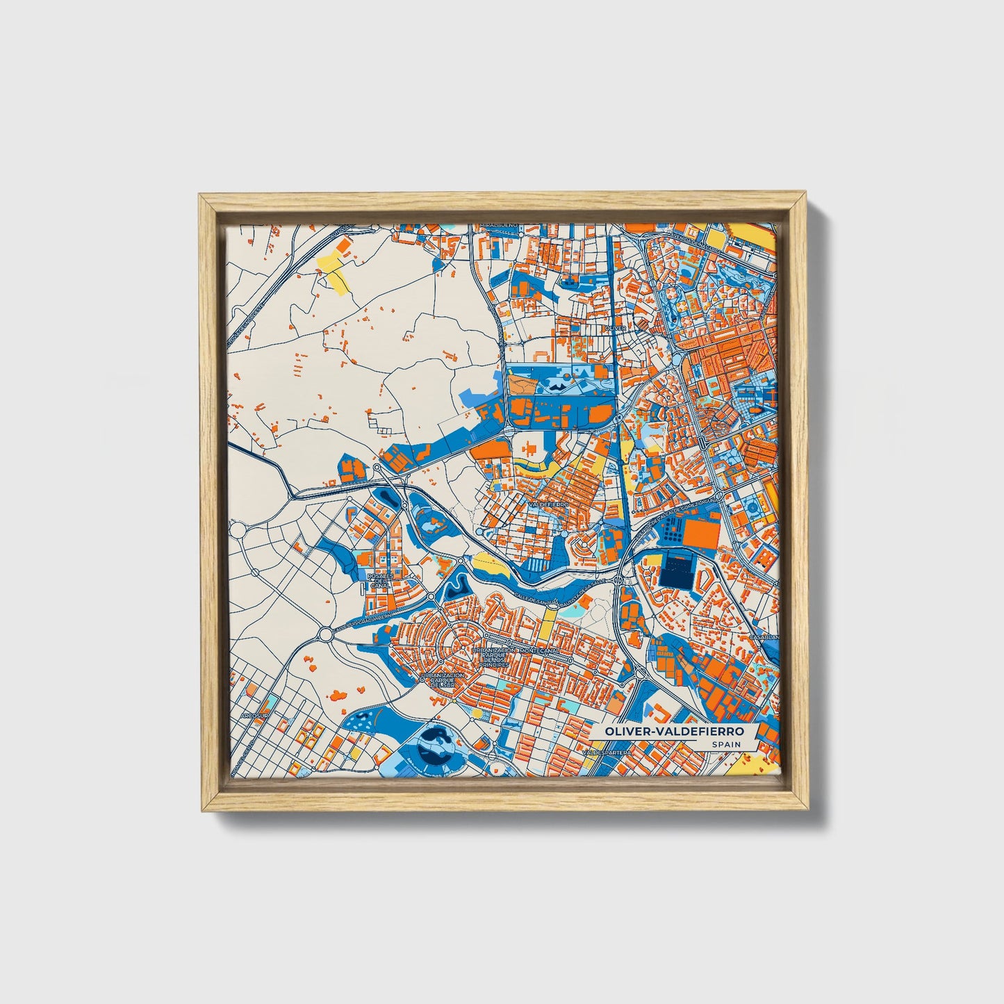 Oliver-Valdefierro Spain Colorful City Map Canvas Print • Natural Wooden Framed