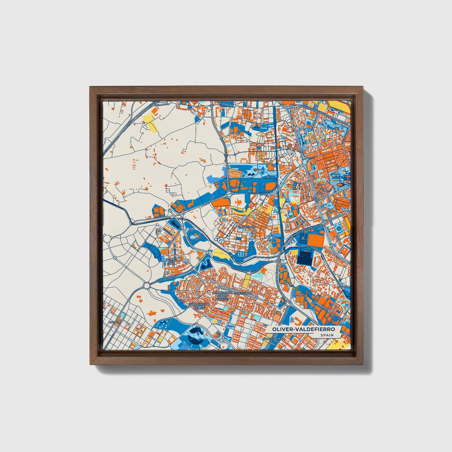 Oliver-Valdefierro Spain Colorful City Map Canvas Print • Dark Wooden Framed
