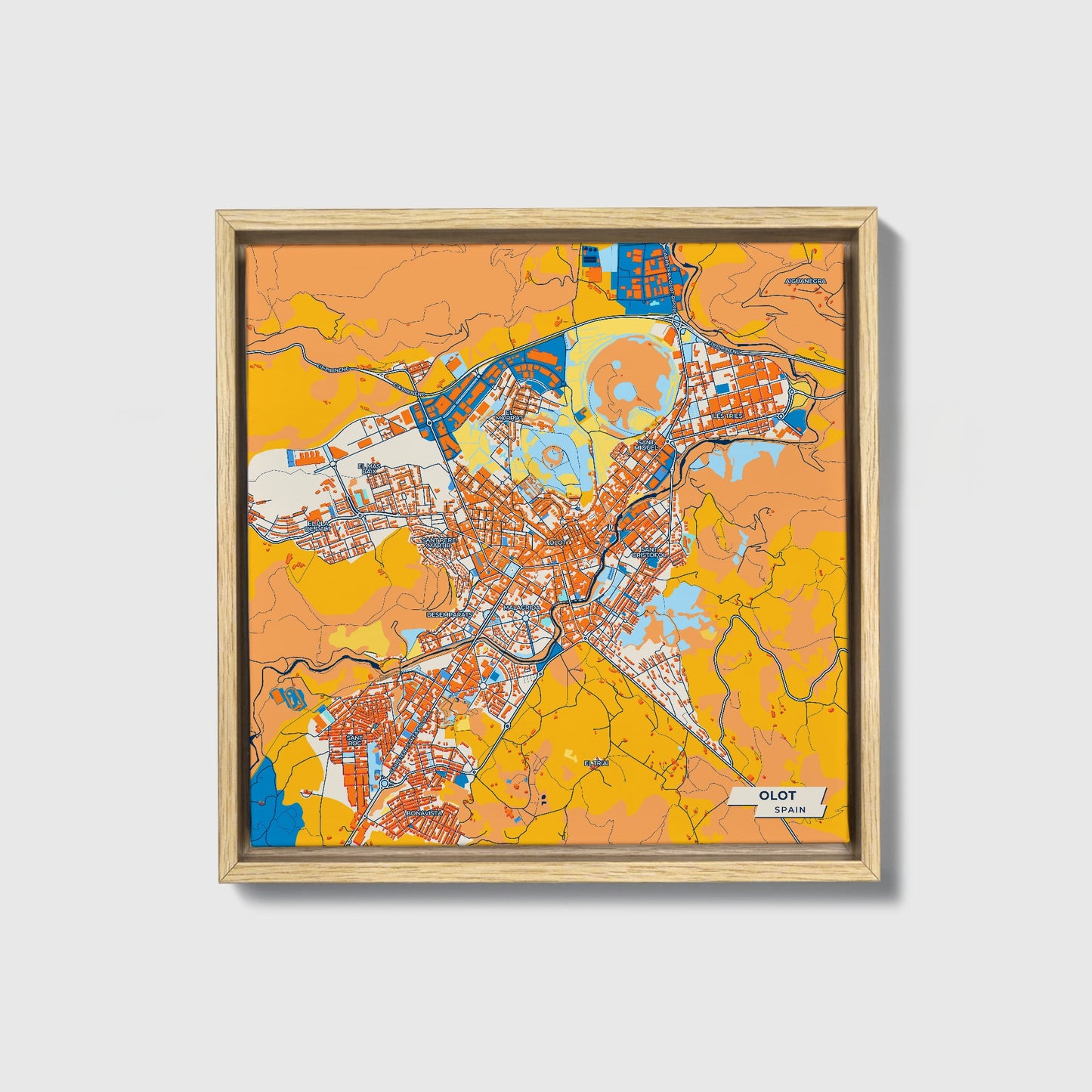 Olot Spain Colorful City Map Canvas Print • Natural Wooden Framed