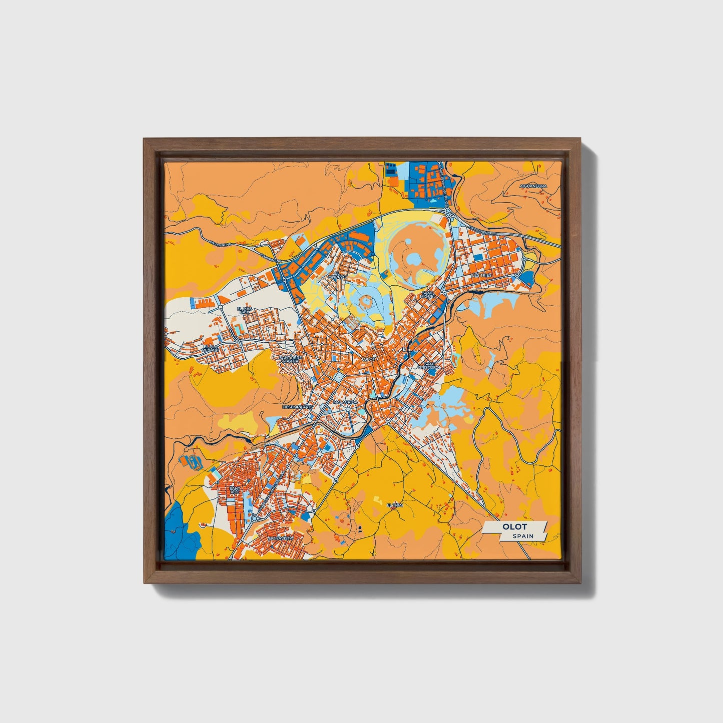 Olot Spain Colorful City Map Canvas Print • Dark Wooden Framed