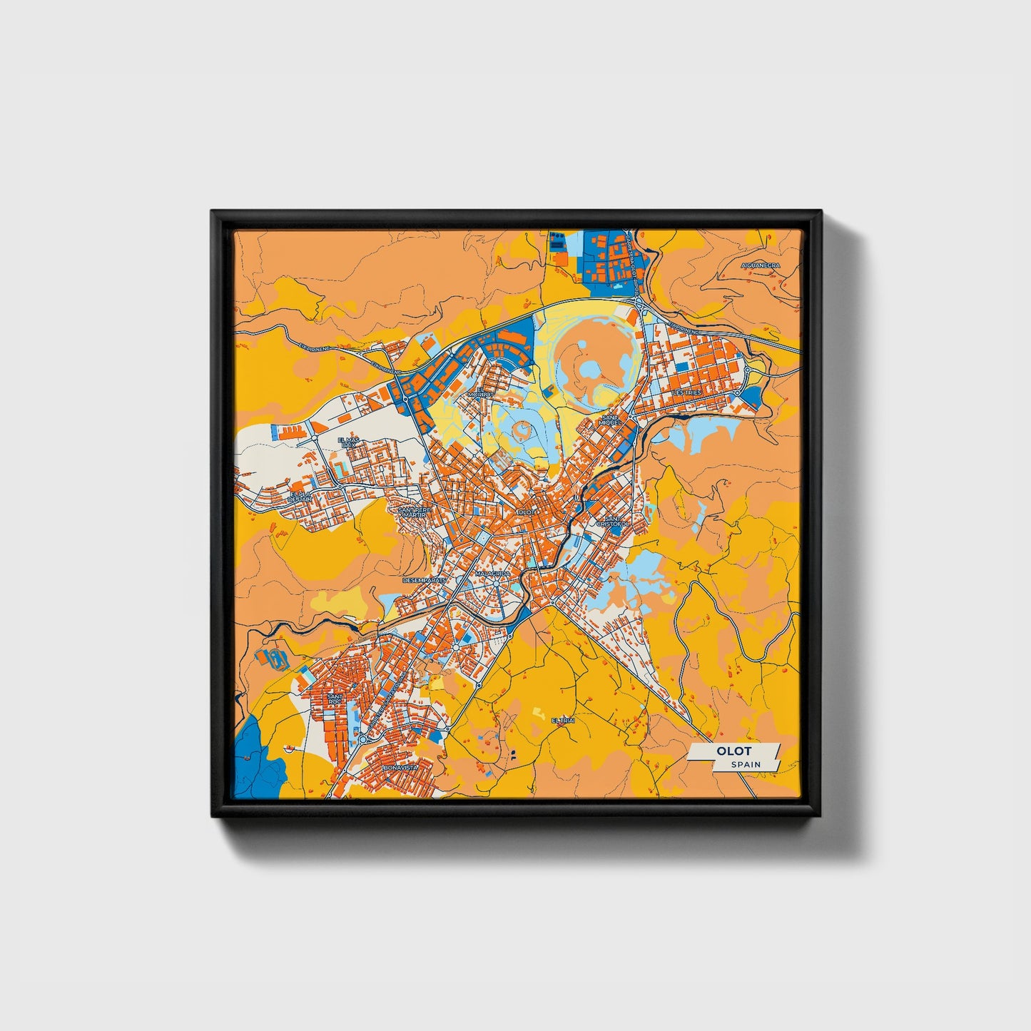 Olot Spain Colorful City Map Canvas Print • Black Framed