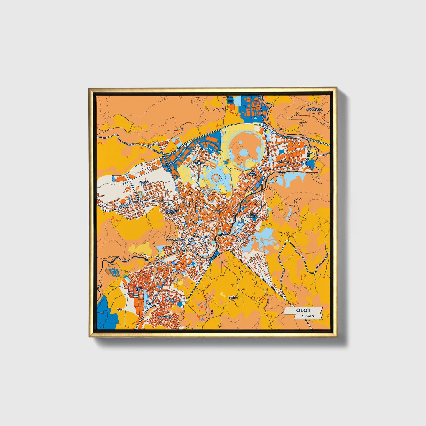 Olot Spain Colorful City Map Canvas Print • Gold Framed