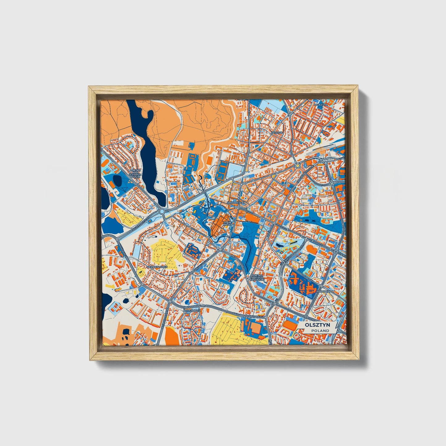 Olsztyn Poland Colorful City Map Canvas Print • Natural Wooden Framed